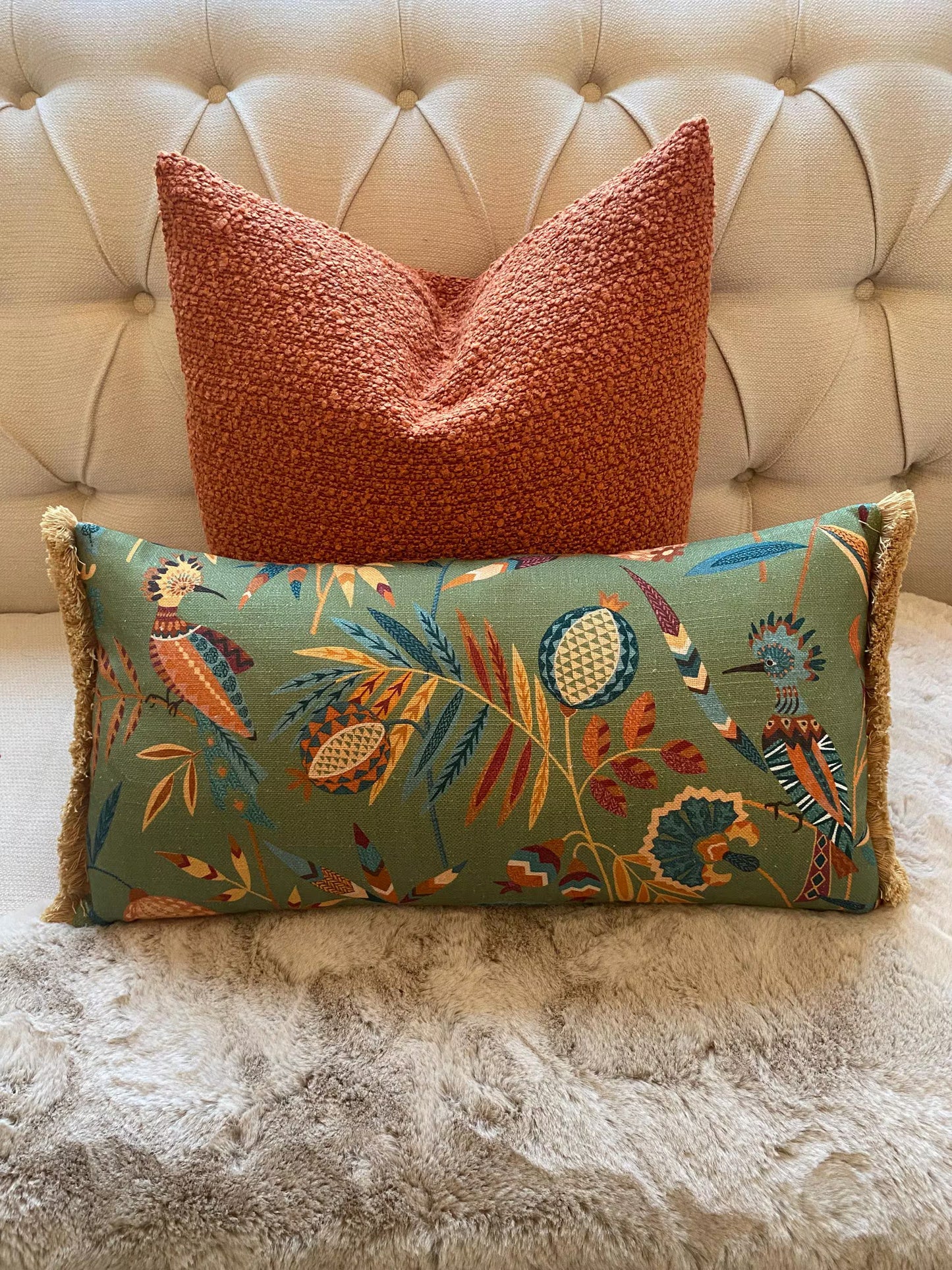 PARADISA- Handmade lumbar cushion cover with modern botanical design and pom pom or fringetrim.