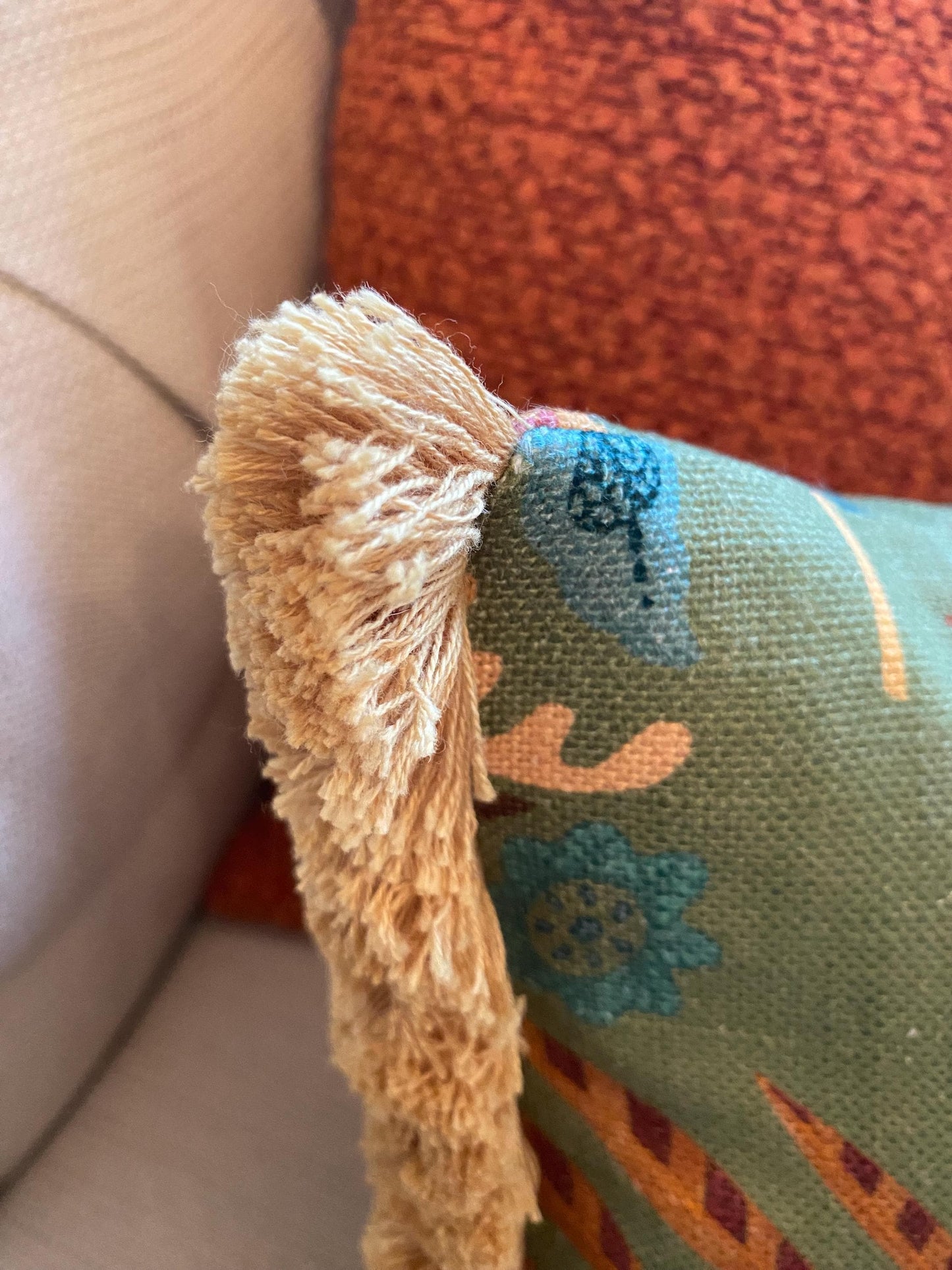 PARADISA- Handmade lumbar cushion cover with modern botanical design and pom pom or fringetrim.