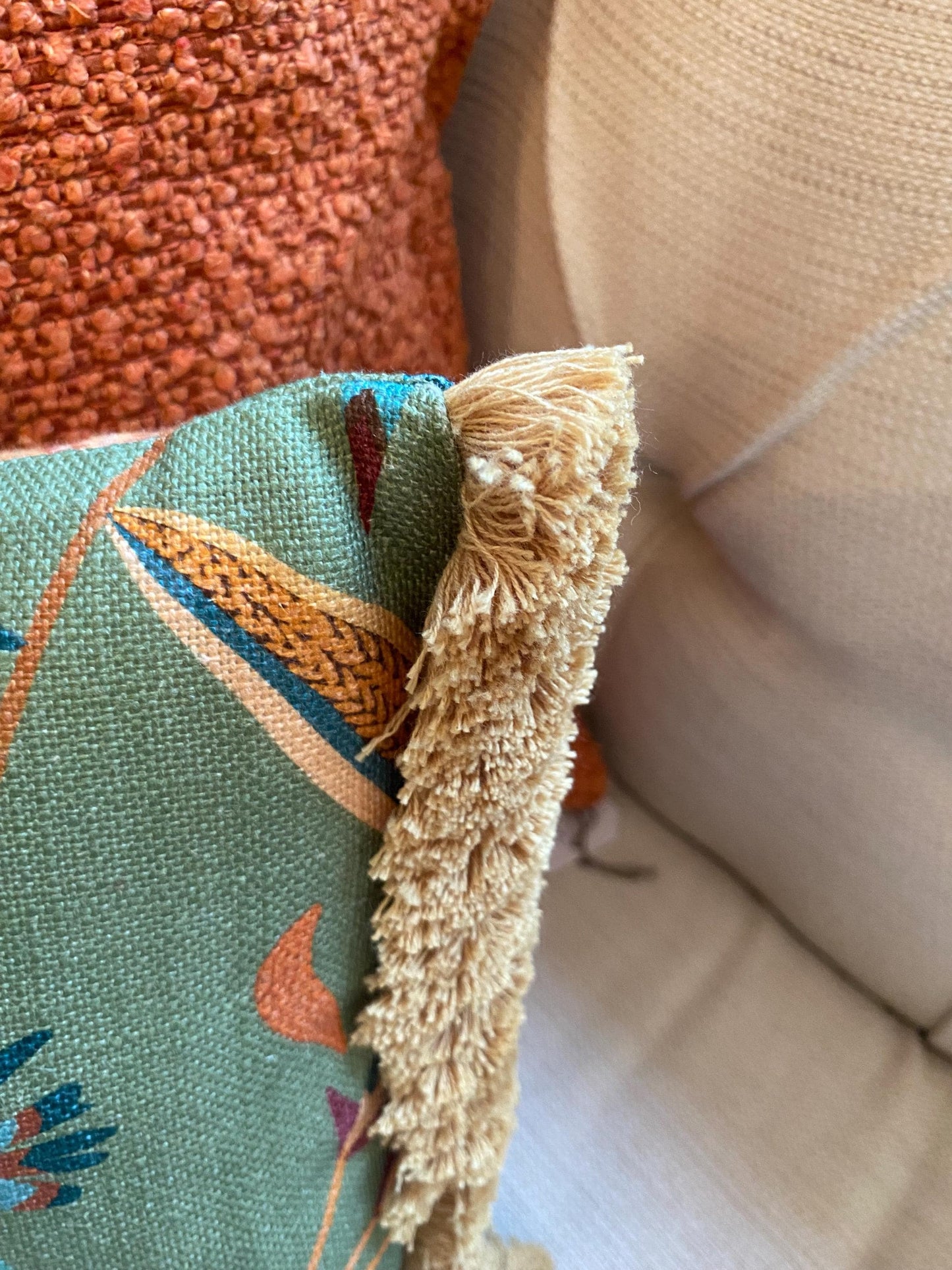 PARADISA- Handmade lumbar cushion cover with modern botanical design and pom pom or fringetrim.