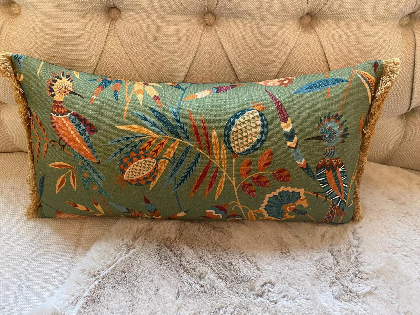 PARADISA- Handmade lumbar cushion cover with modern botanical design and pom pom or fringetrim.