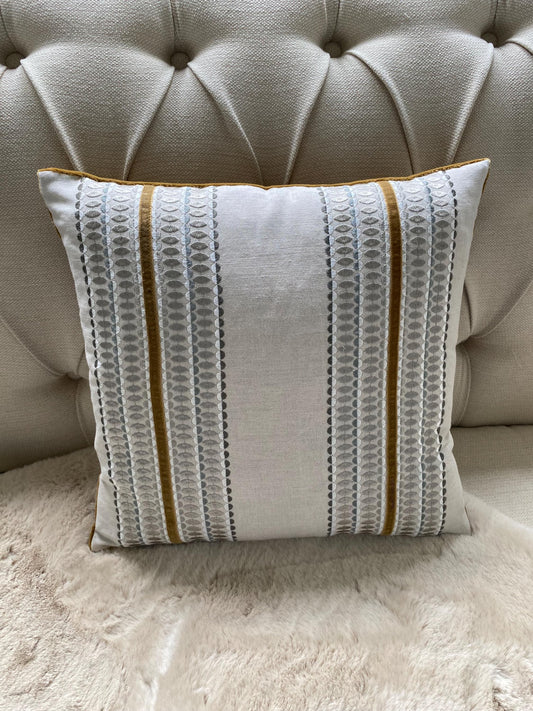 LARA- Handmade embroidered cushion cover with ochre appliqued trim.