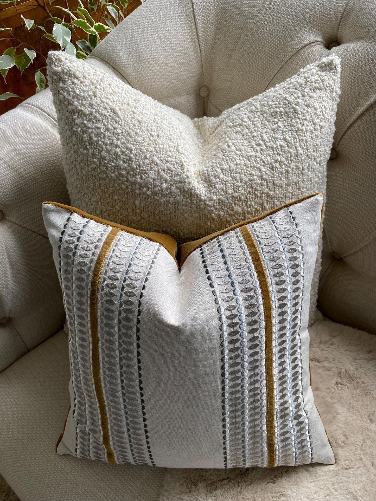 LARA - Handmade embroidered cushion cover with ochre appliqued trim.