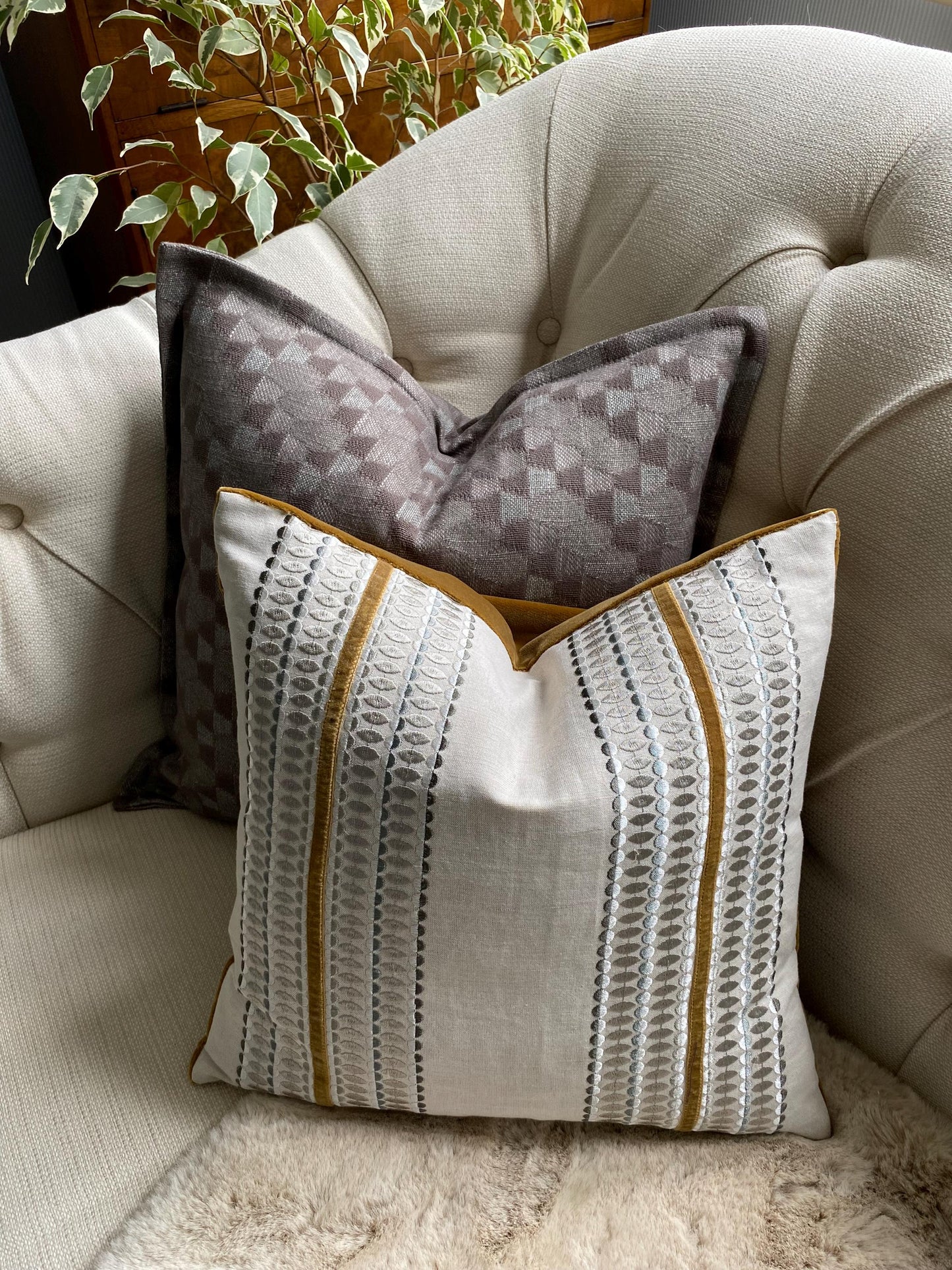 LARA - Handmade embroidered cushion cover with ochre appliqued trim.