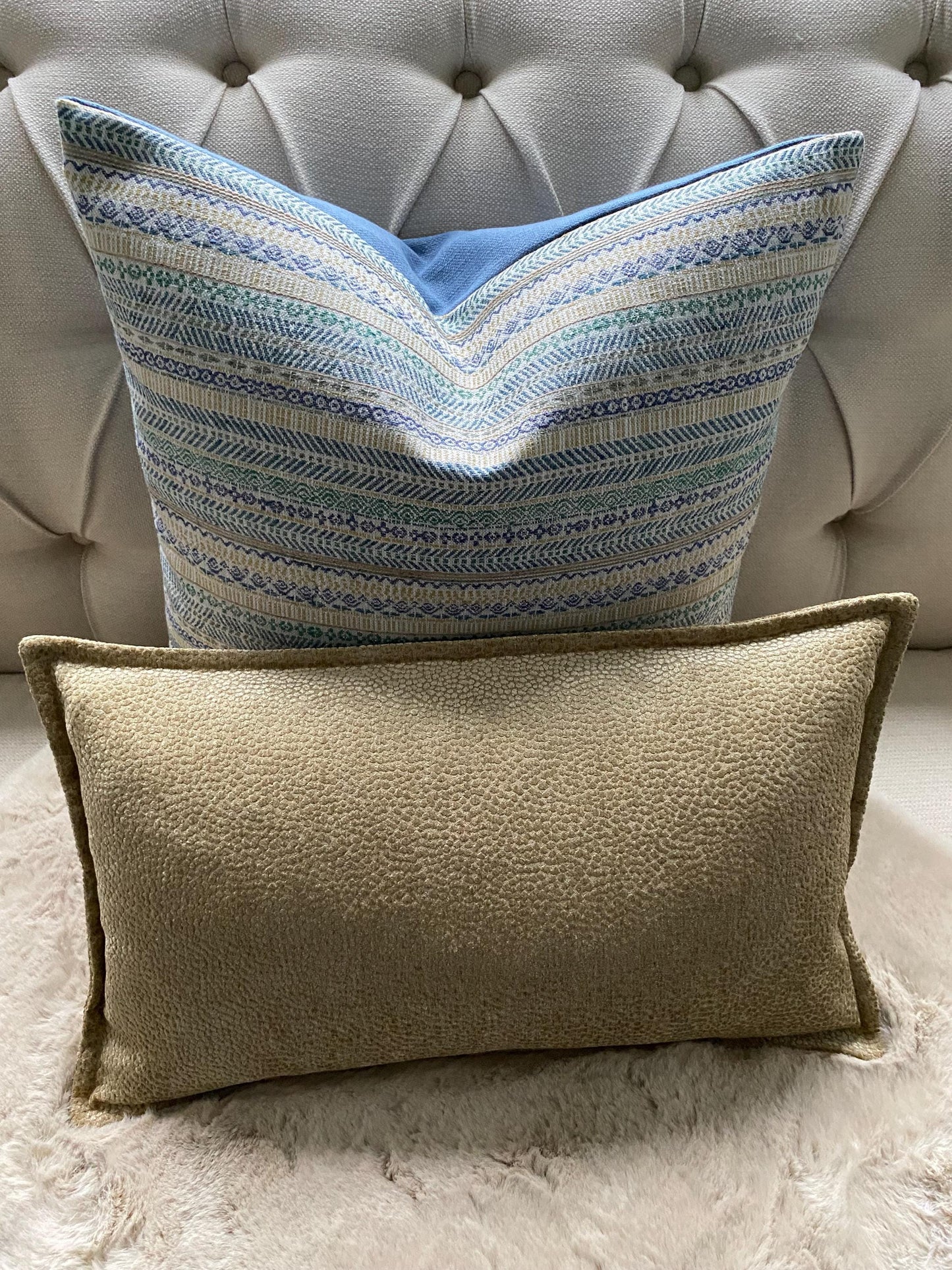 VICO - Handmade blue/cream/gold striped woven fabric cushion cover.