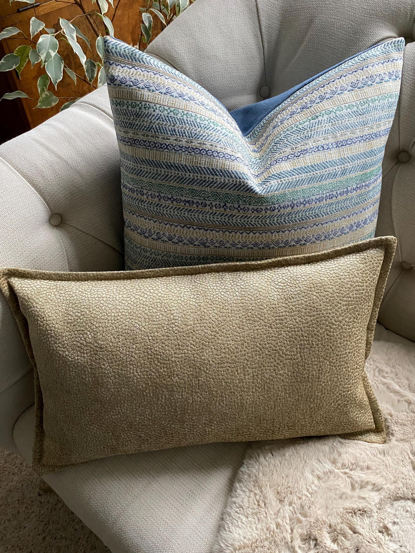 VICO - Handmade blue/cream/gold striped woven fabric cushion cover.