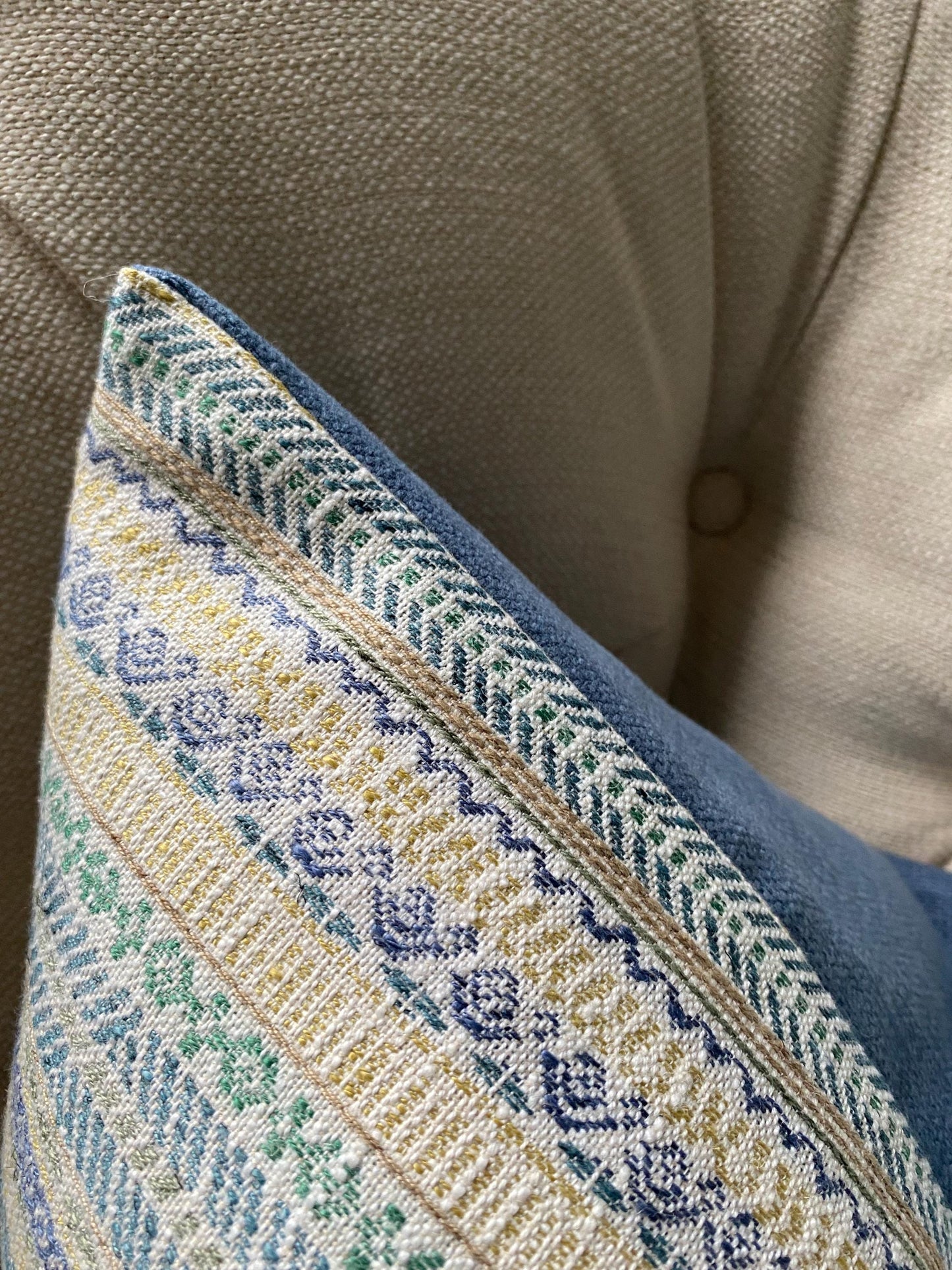 VICO - Handmade blue/cream/gold striped woven fabric cushion cover.