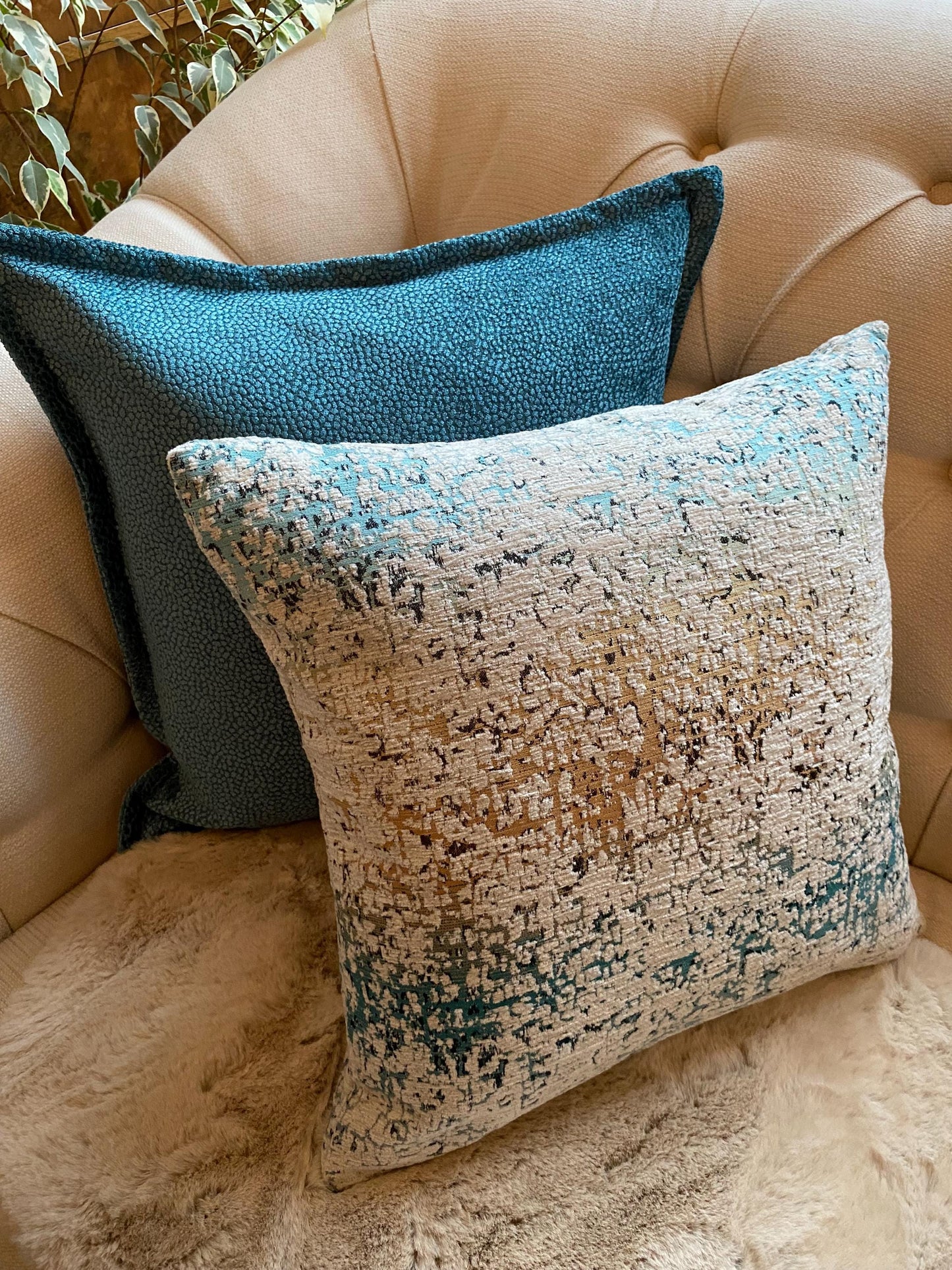 AGNESE - Handmade abstract chenille fabric cushion cover in teal, cream and gold.
