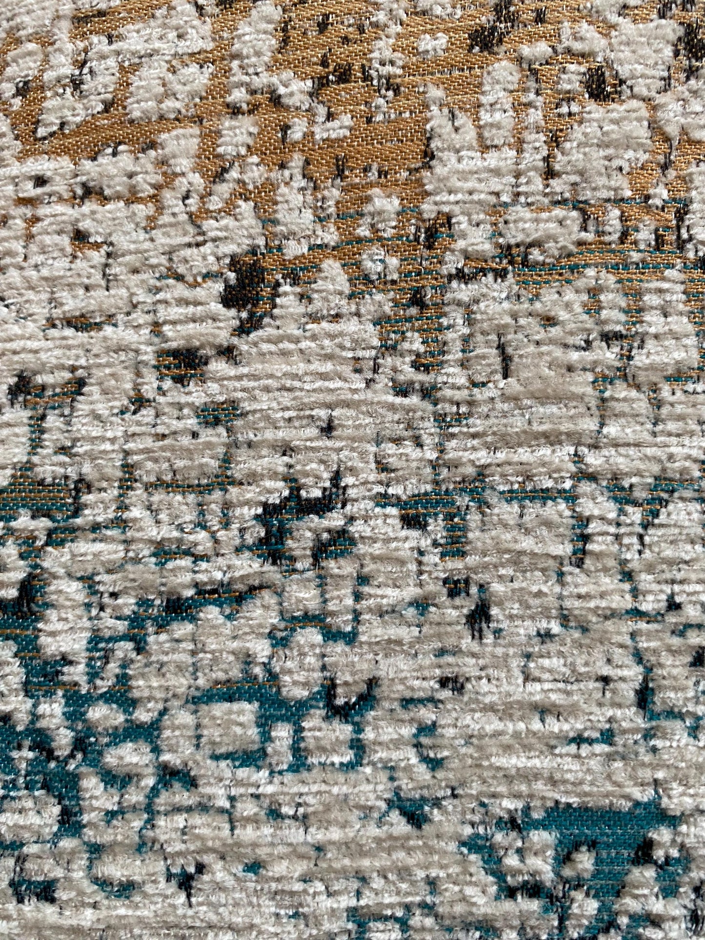 AGNESE - Handmade abstract chenille fabric cushion cover in teal, cream and gold.