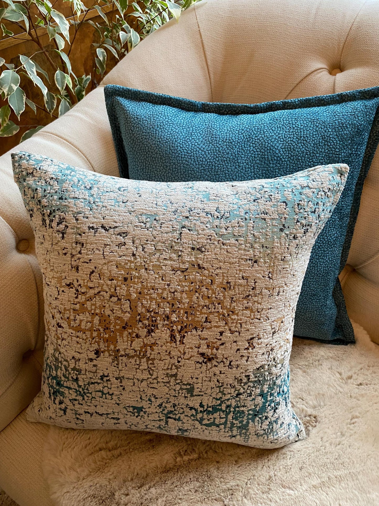 AGNESE - Handmade abstract chenille fabric cushion cover in teal, cream and gold.