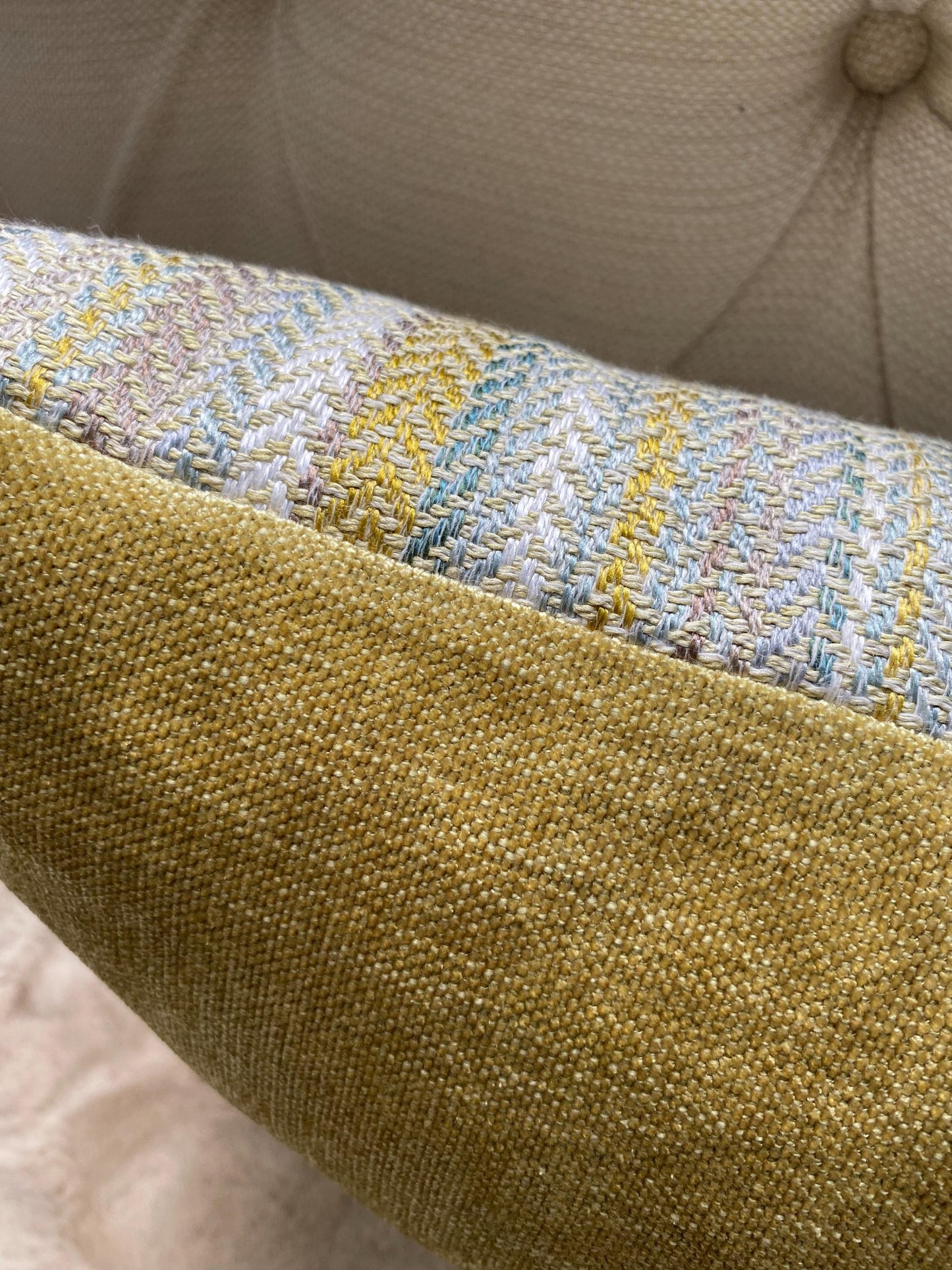 COLTON - Handmade woven striped lumbar cushion cover in teal.