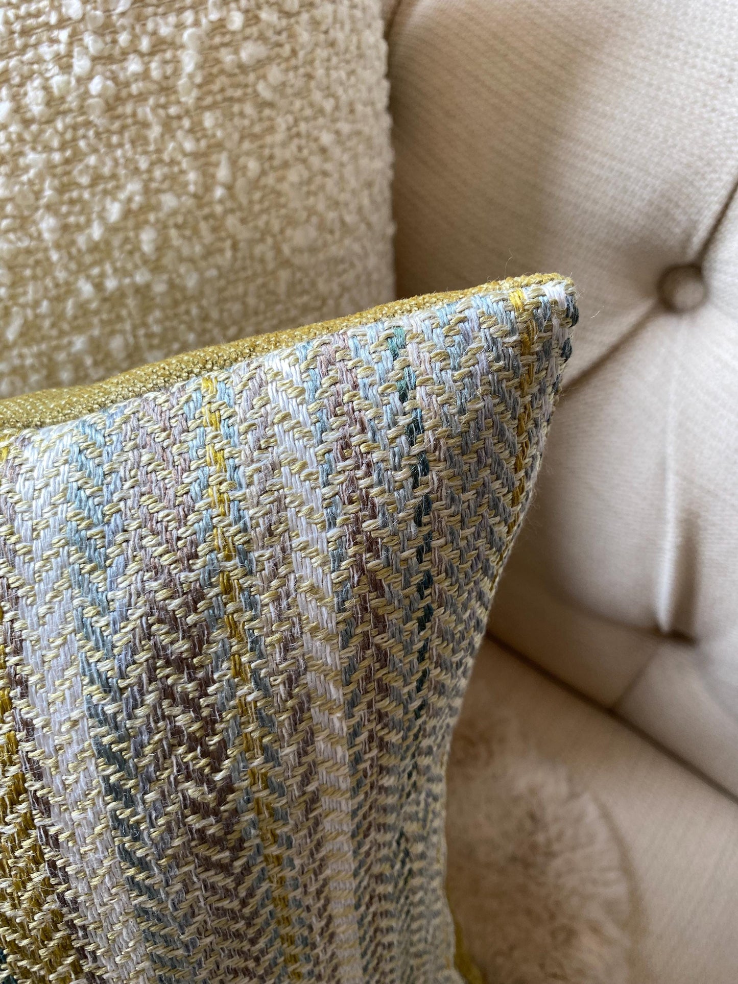 COLTON - Handmade woven striped lumbar cushion cover in teal.