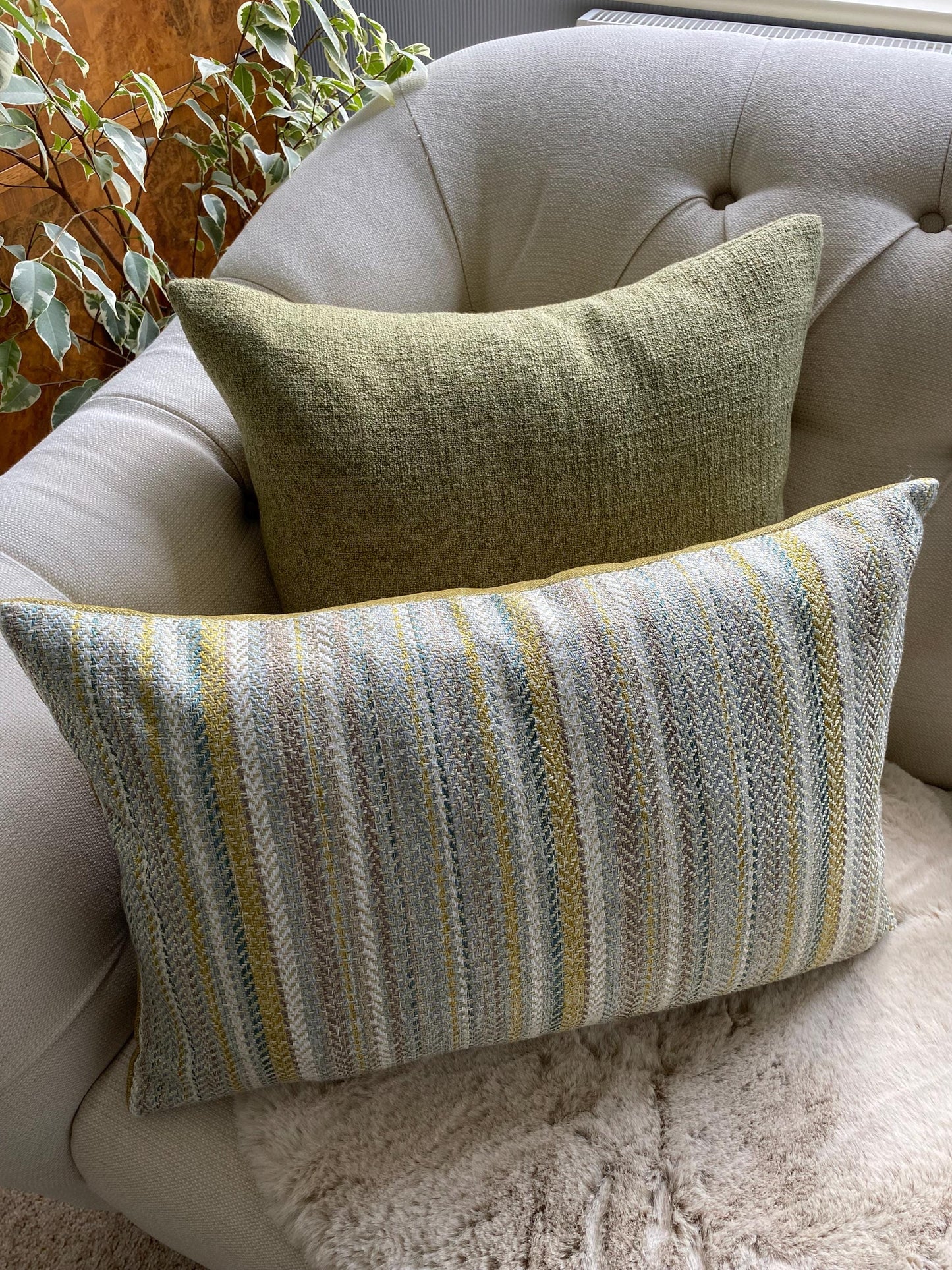 COLTON - Handmade woven striped lumbar cushion cover in teal.