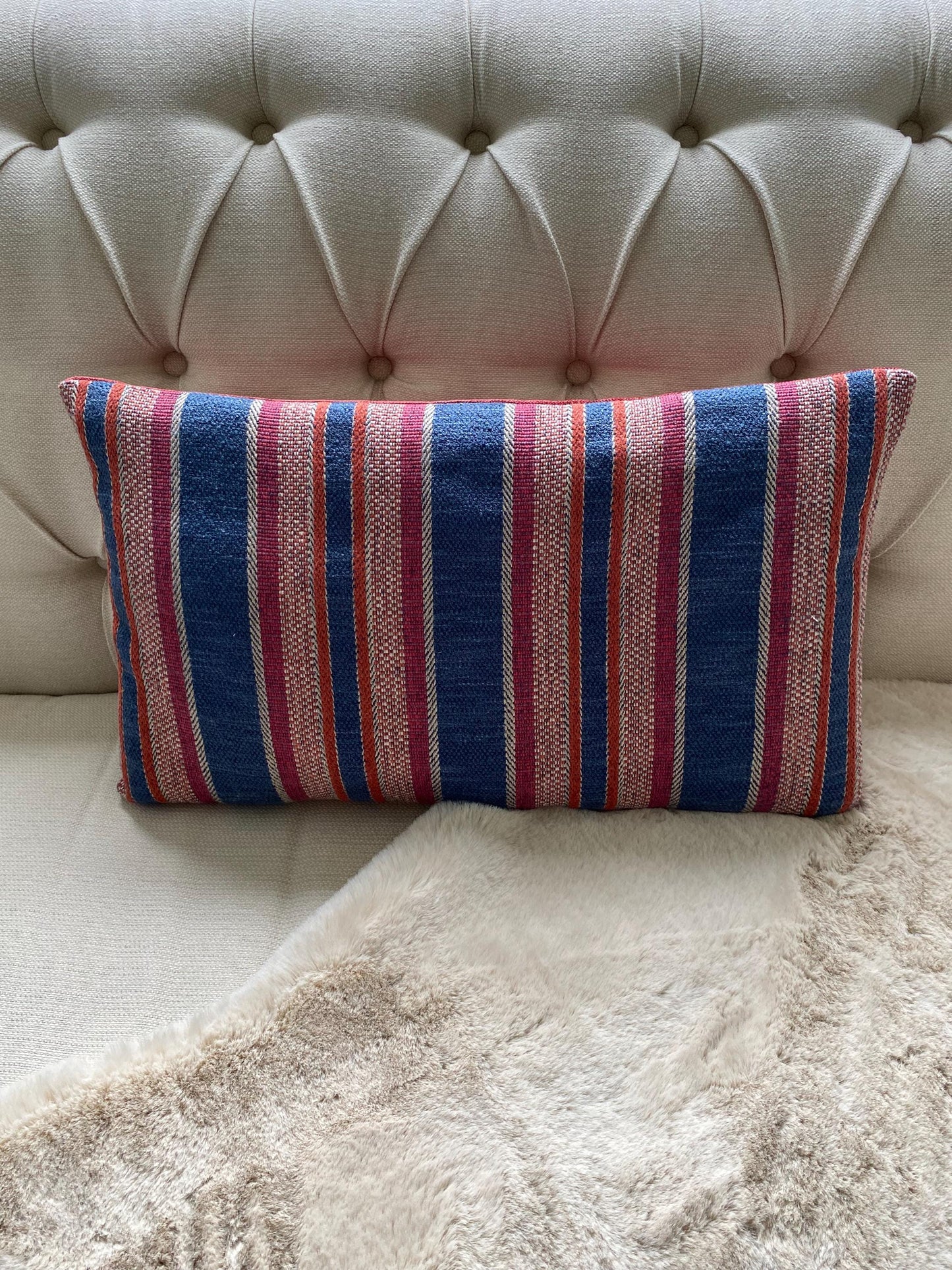 DENVER - Handmade woven red and blue vertical stripe cushion cover.
