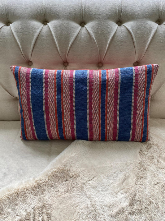 DENVER- Handmade woven red and blue vertical stripe cushion cover.