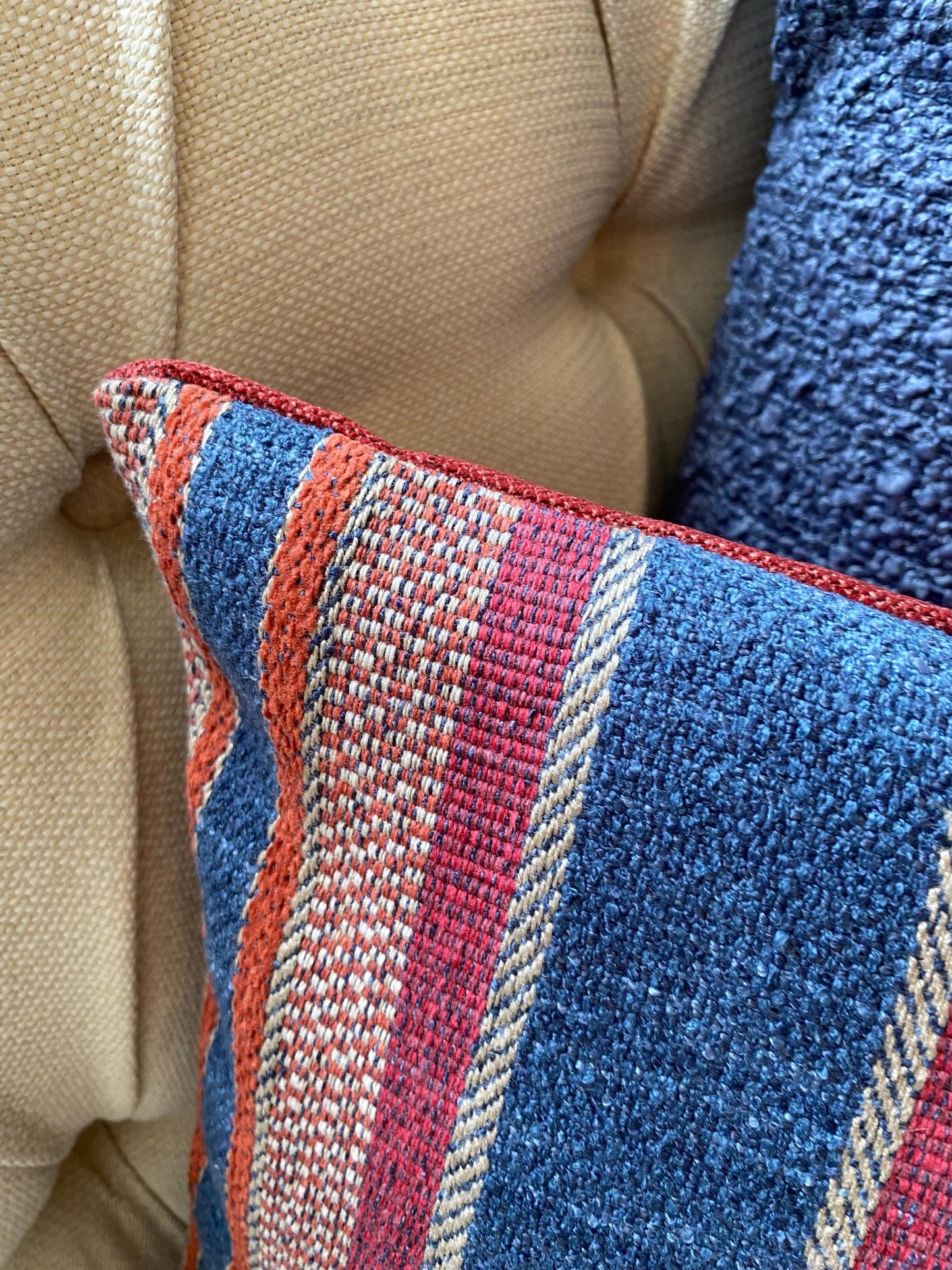 DENVER - Handmade woven red and blue vertical stripe cushion cover.