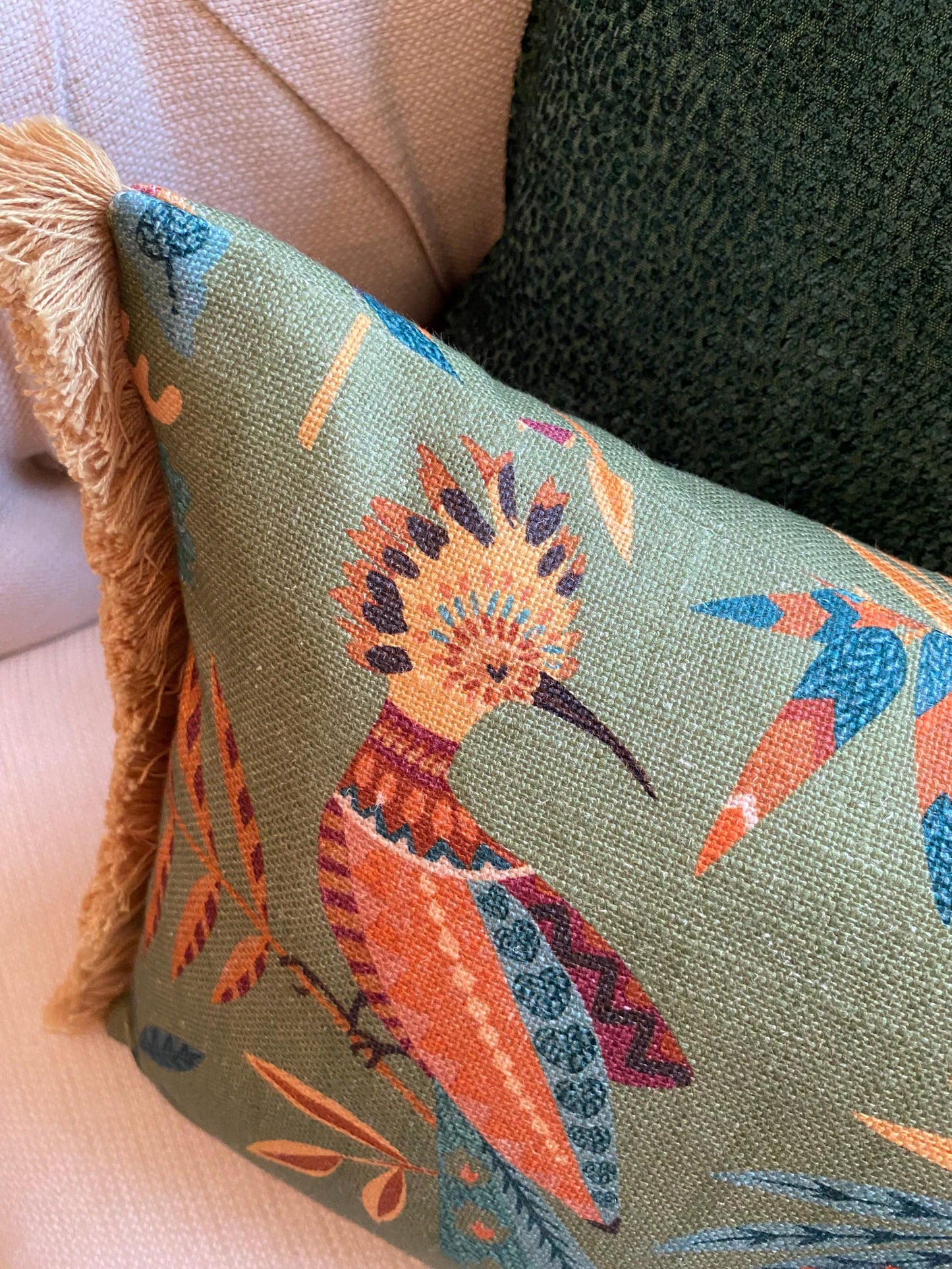 PARADISA- Handmade lumbar cushion cover with modern botanical design and pom pom or fringetrim.