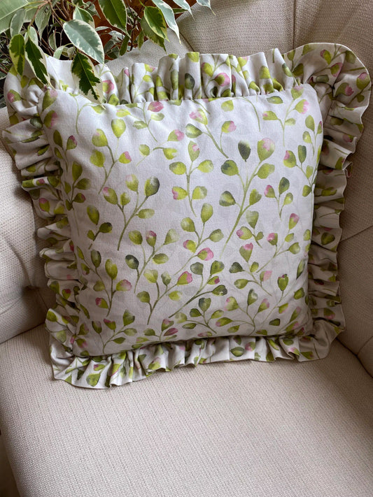 FLORI- Handmade floral raspberry pink and lime green fabric cushion cover.