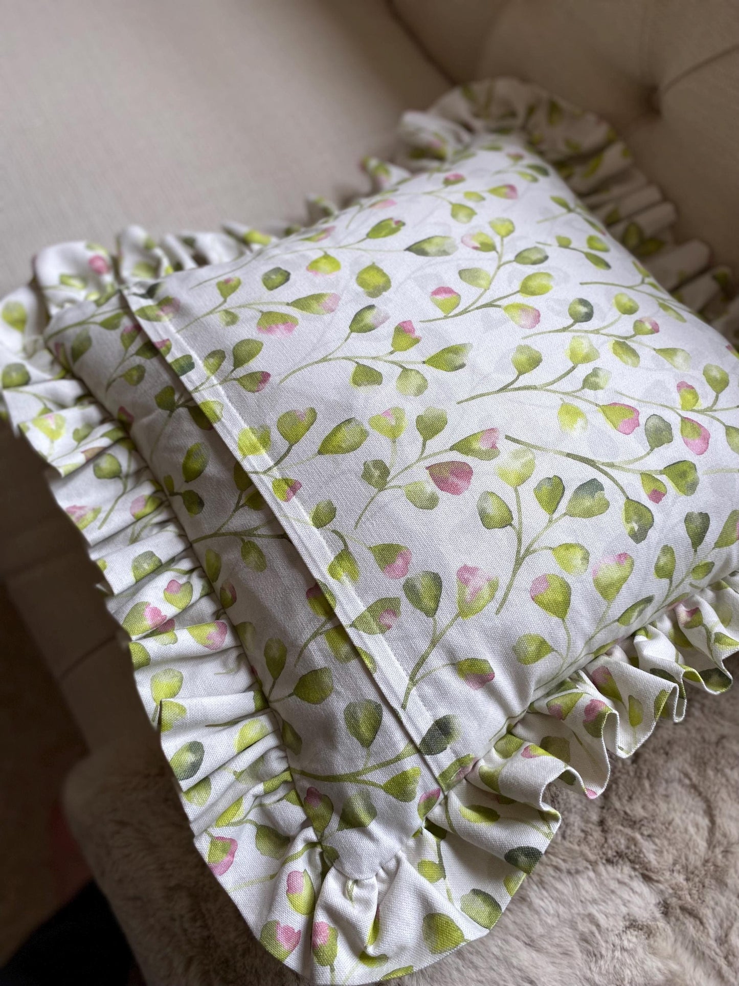FLORI- Handmade floral raspberry pink and lime green fabric cushion cover.