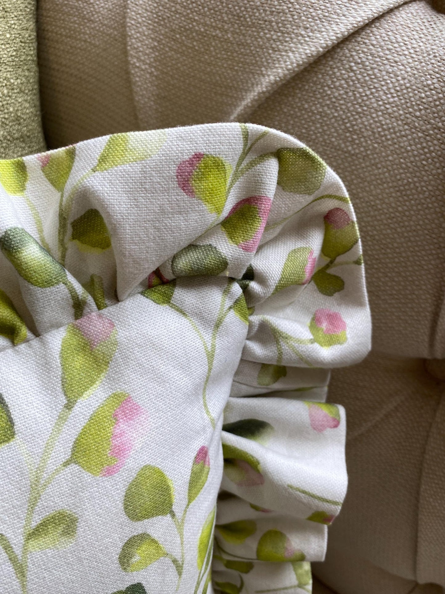 FLORI- Handmade floral raspberry pink and lime green fabric cushion cover.