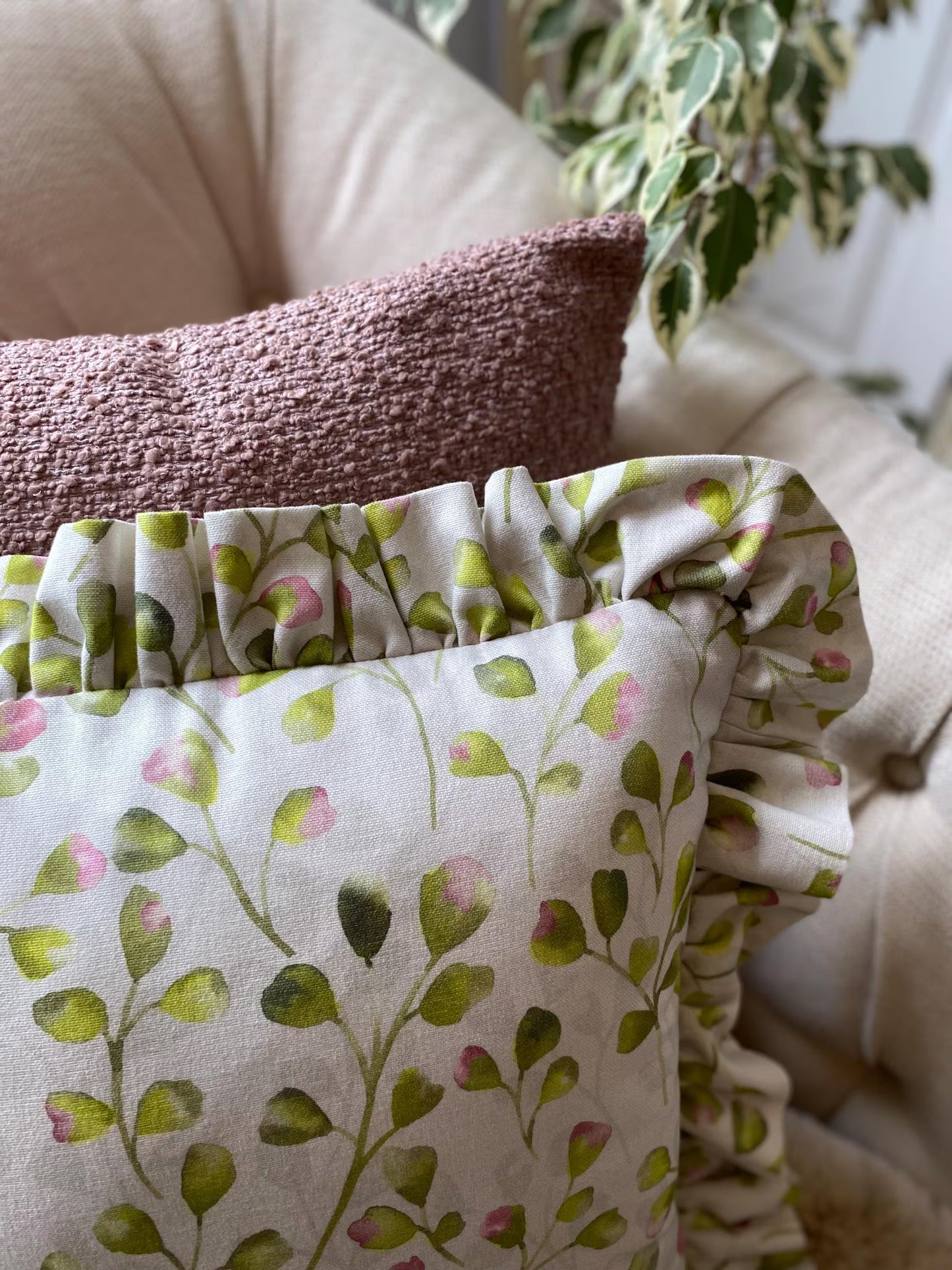 FLORI- Handmade floral raspberry pink and lime green fabric cushion cover.