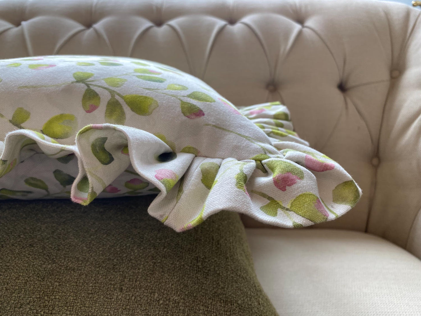 FLORI- Handmade floral raspberry pink and lime green fabric cushion cover.