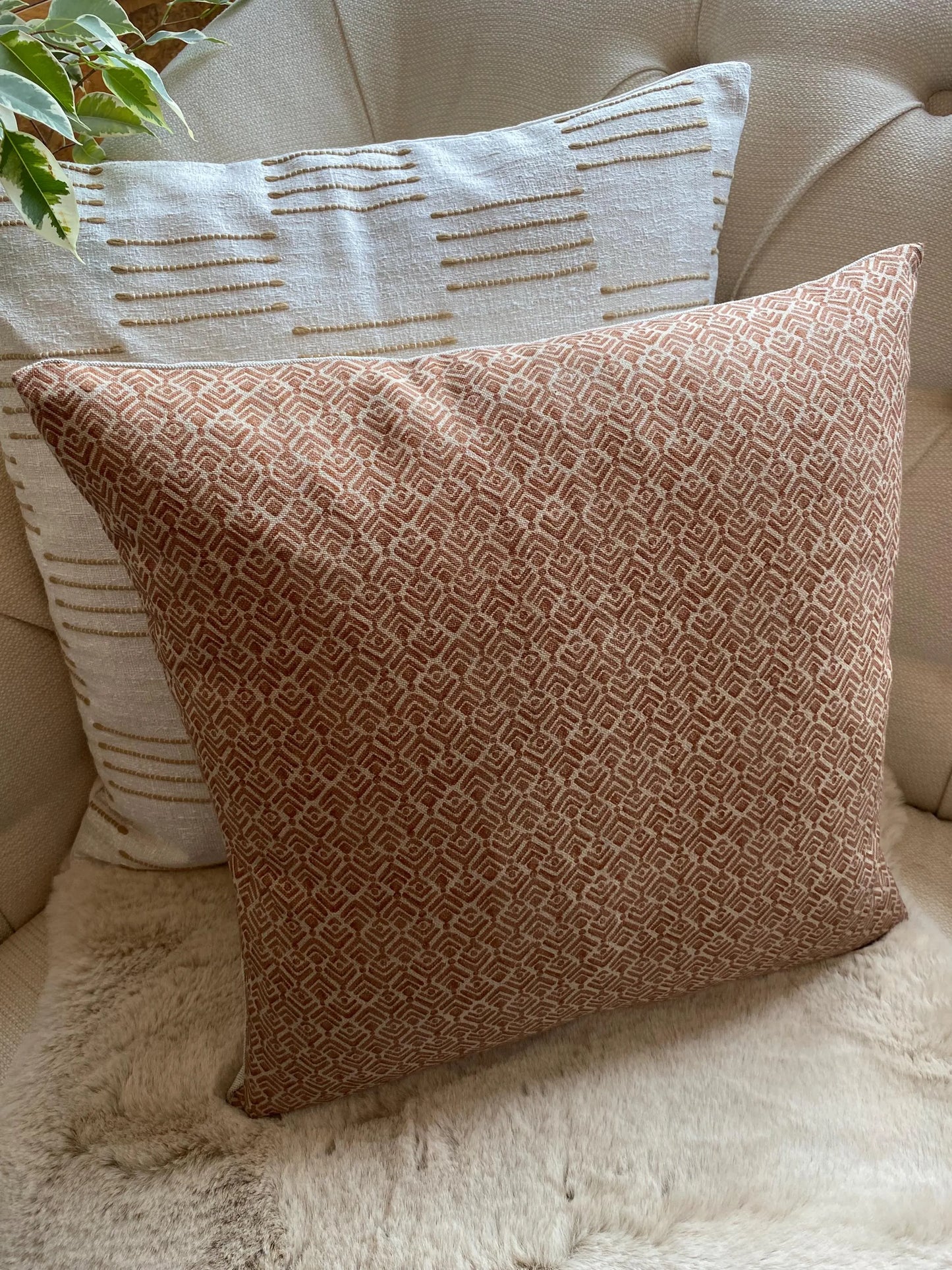IVY- Handmade cushion cover with textured geometric design in fawn, laurel or ochre with cream background.