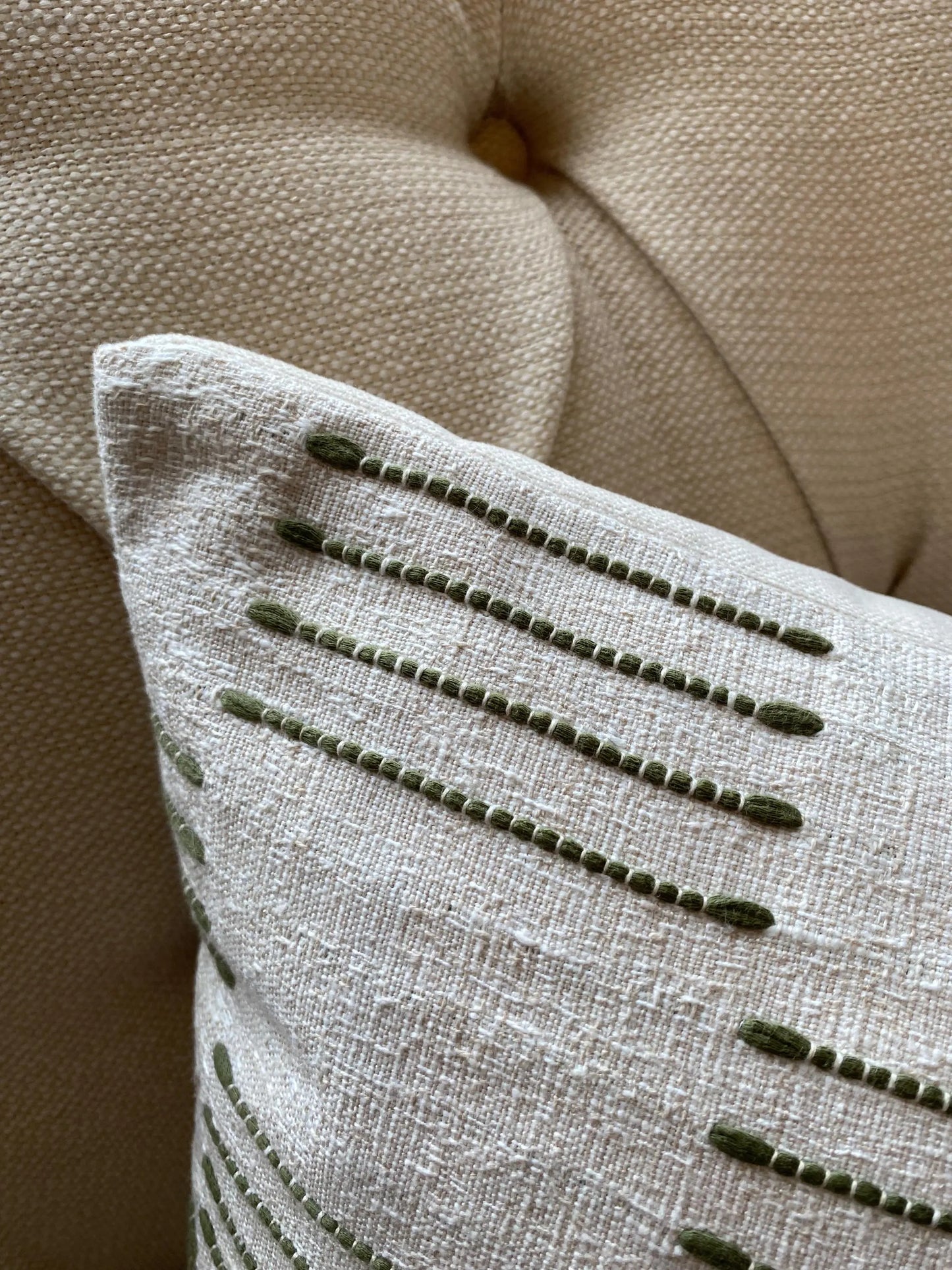 IVY- Handmade cushion cover with textured geometric design in fawn, laurel or ochre with cream background.