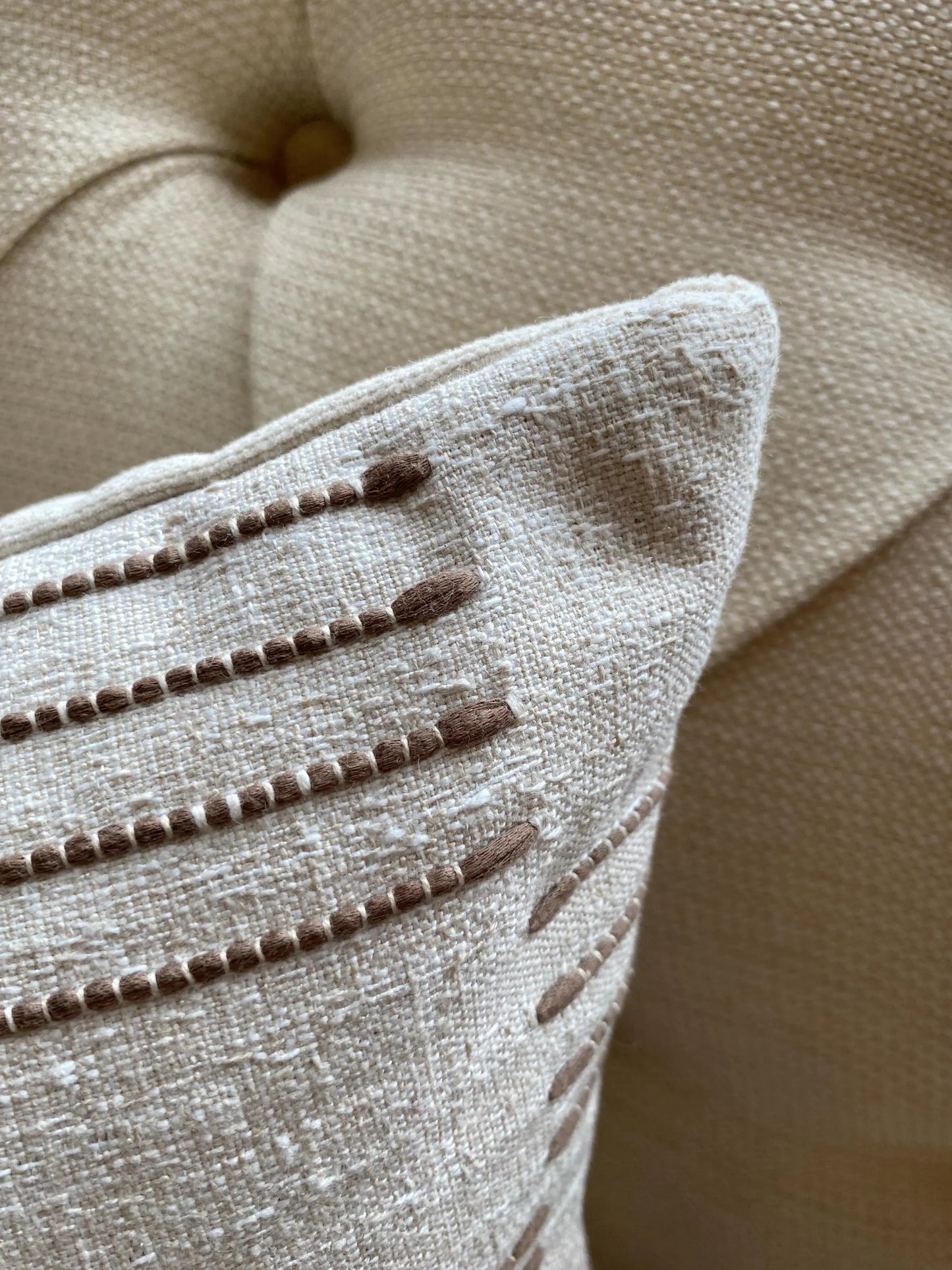 IVY- Handmade cushion cover with textured geometric design in fawn, laurel or ochre with cream background.