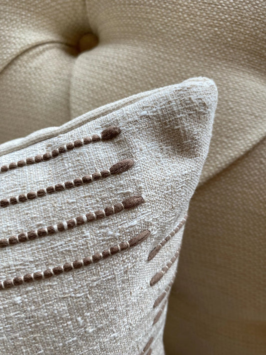 IVY- Handmade cushion cover with textured geometric design in fawn, laurel or ochre with cream background.