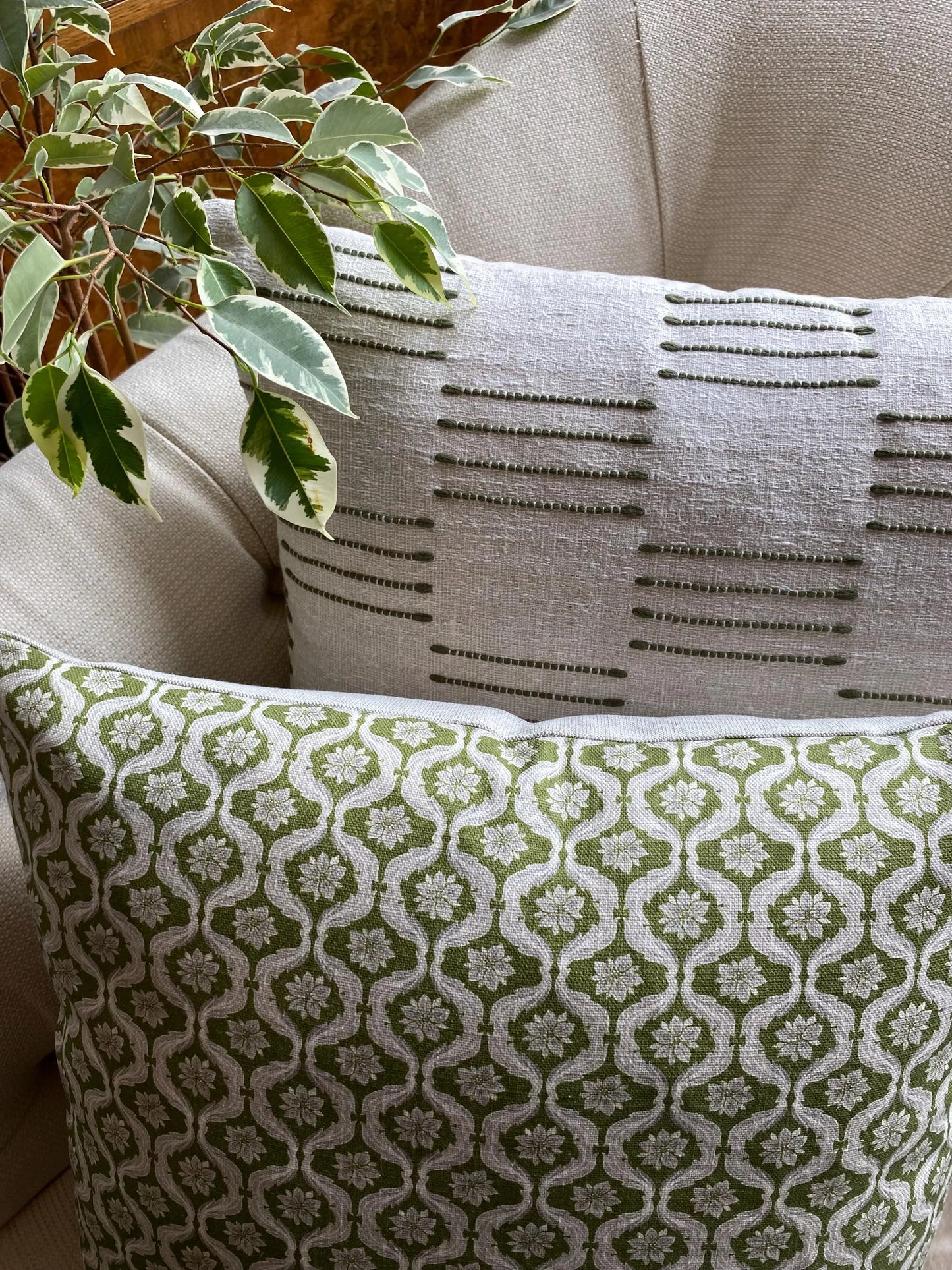 IVY- Handmade cushion cover with textured geometric design in fawn, laurel or ochre with cream background.