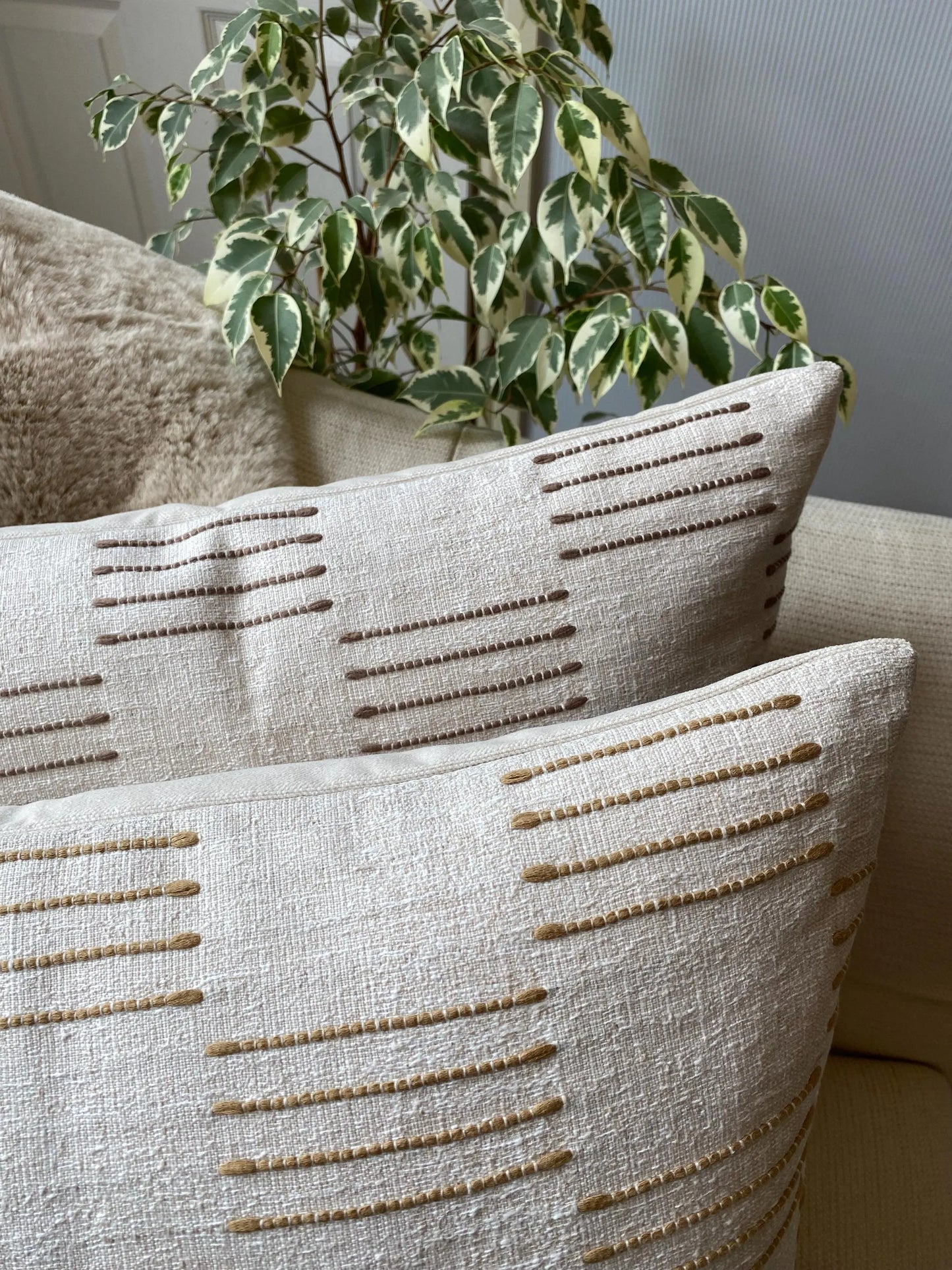 IVY- Handmade cushion cover with textured geometric design in fawn, laurel or ochre with cream background.