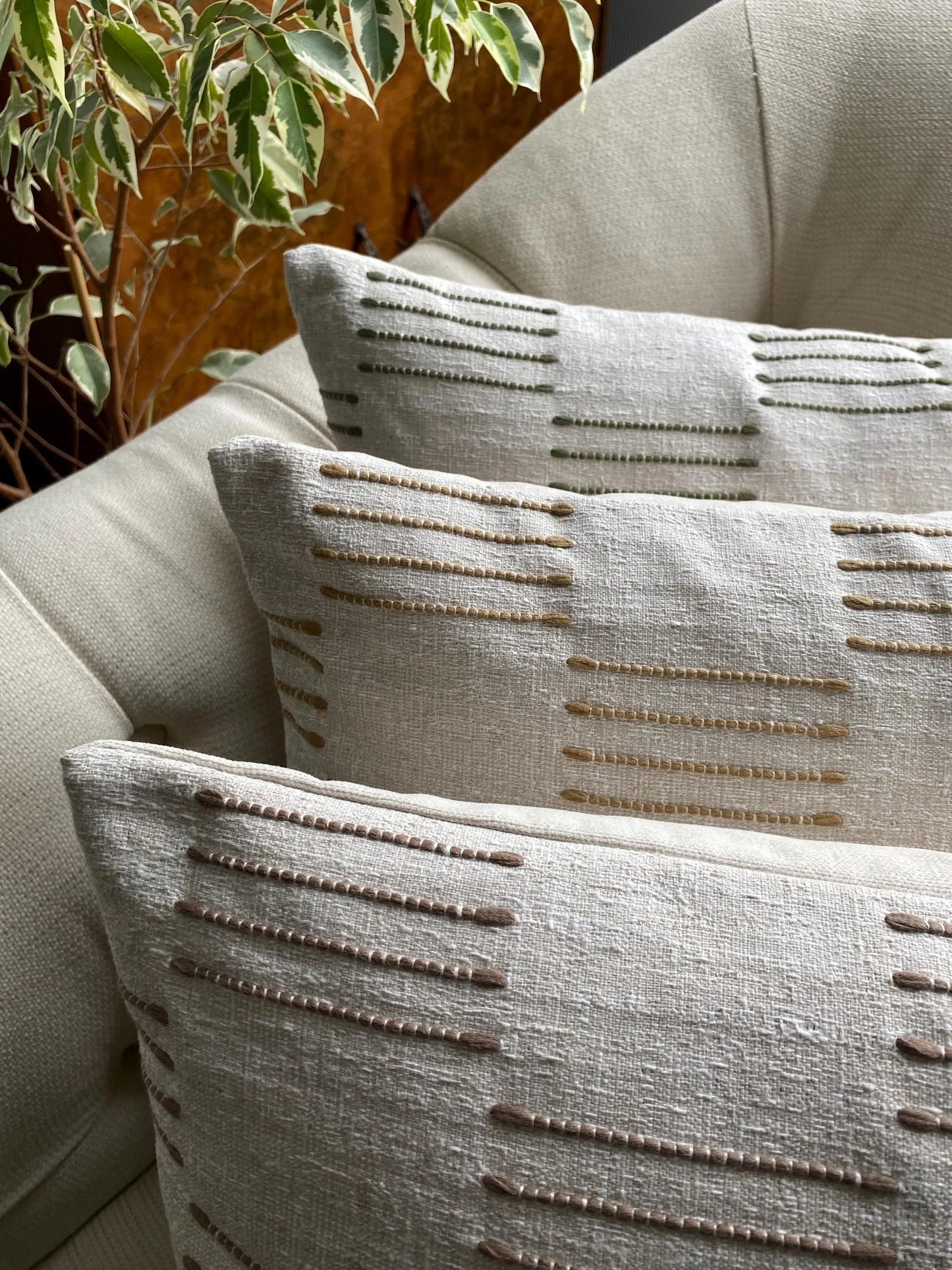 IVY- Handmade cushion cover with textured geometric design in fawn, laurel or ochre with cream background.