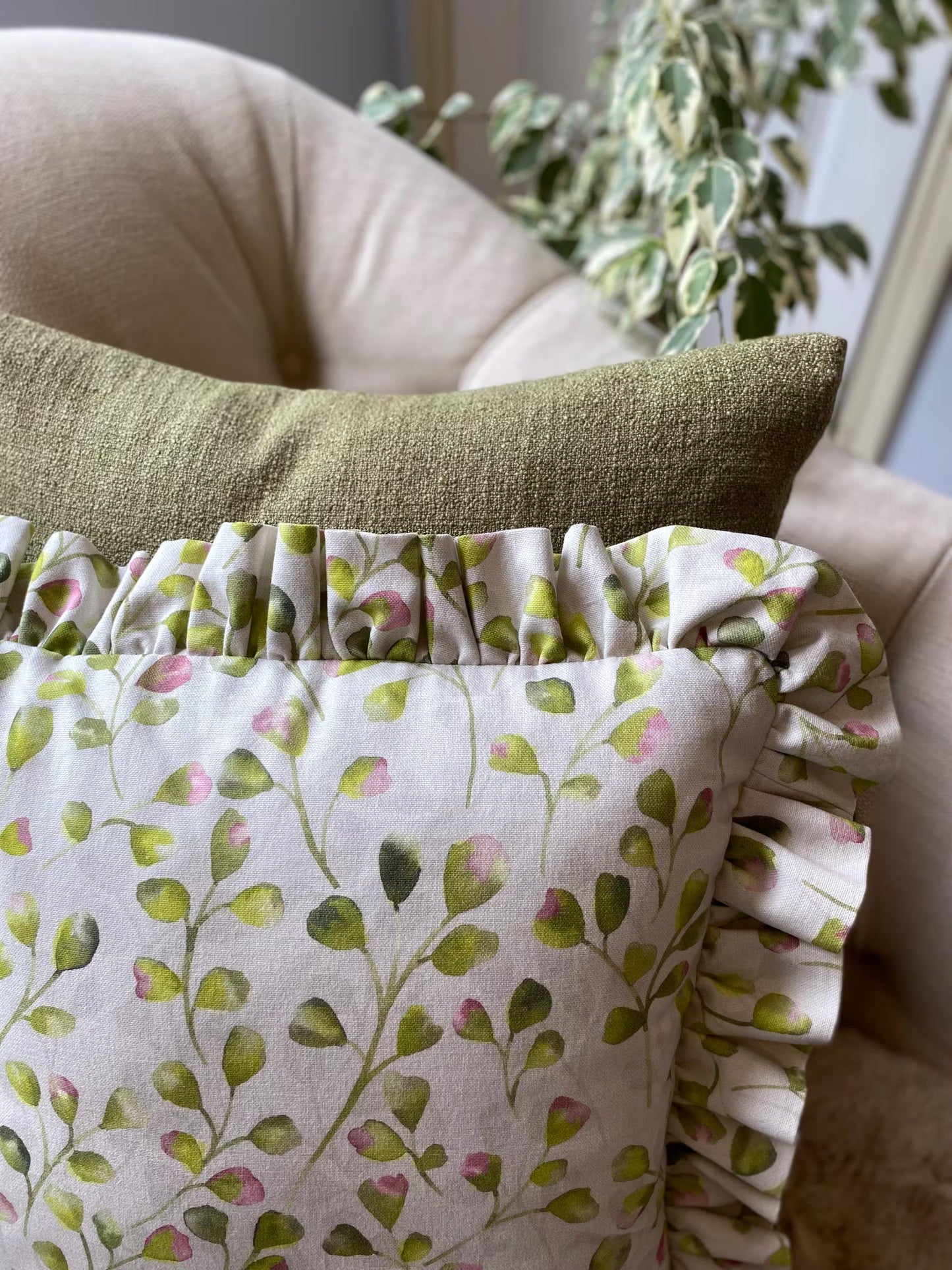 FLORI- Handmade floral raspberry pink and lime green fabric cushion cover.