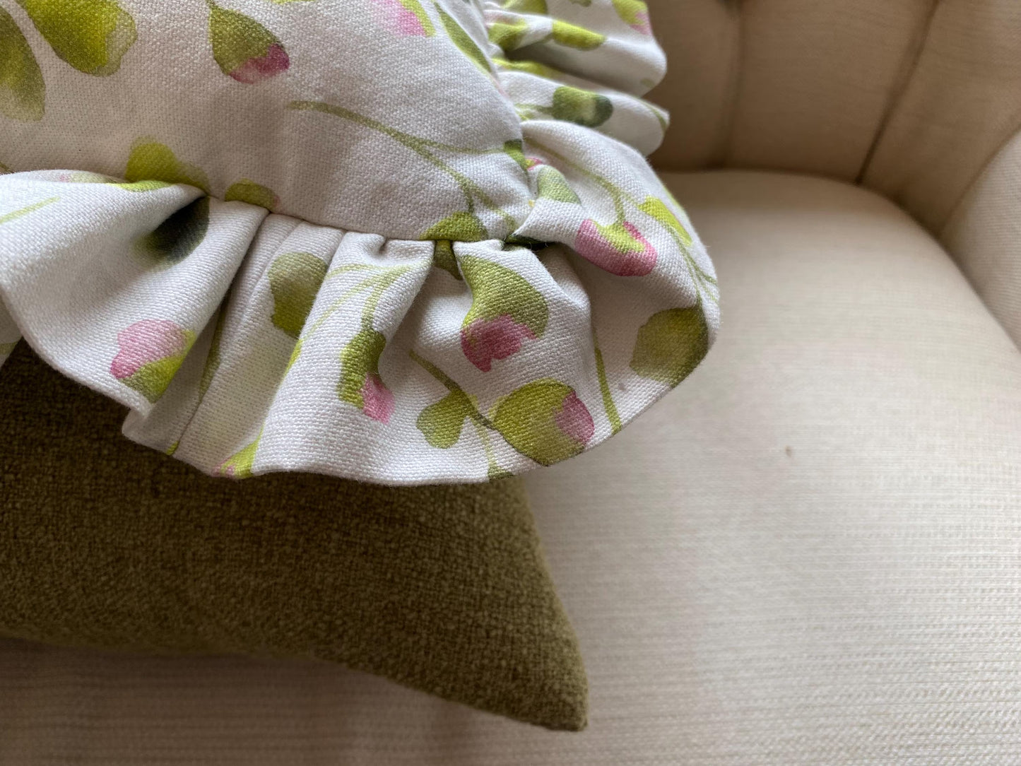 FLORI- Handmade floral raspberry pink and lime green fabric cushion cover.