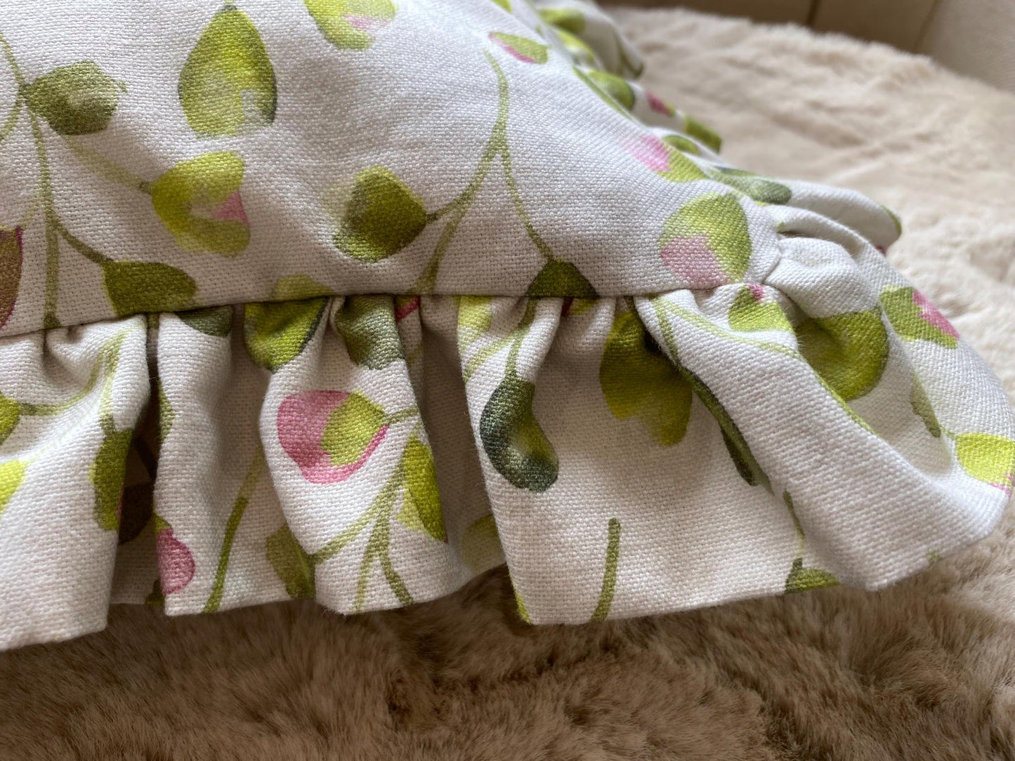 FLORI- Handmade floral raspberry pink and lime green fabric cushion cover.