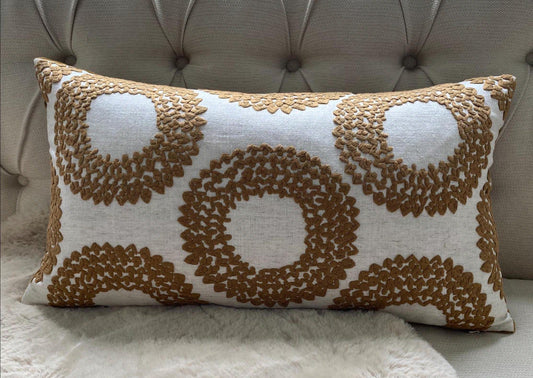 SAFI- Handmade cushion cover with cinnamon embroidered circular motifs on cream background.