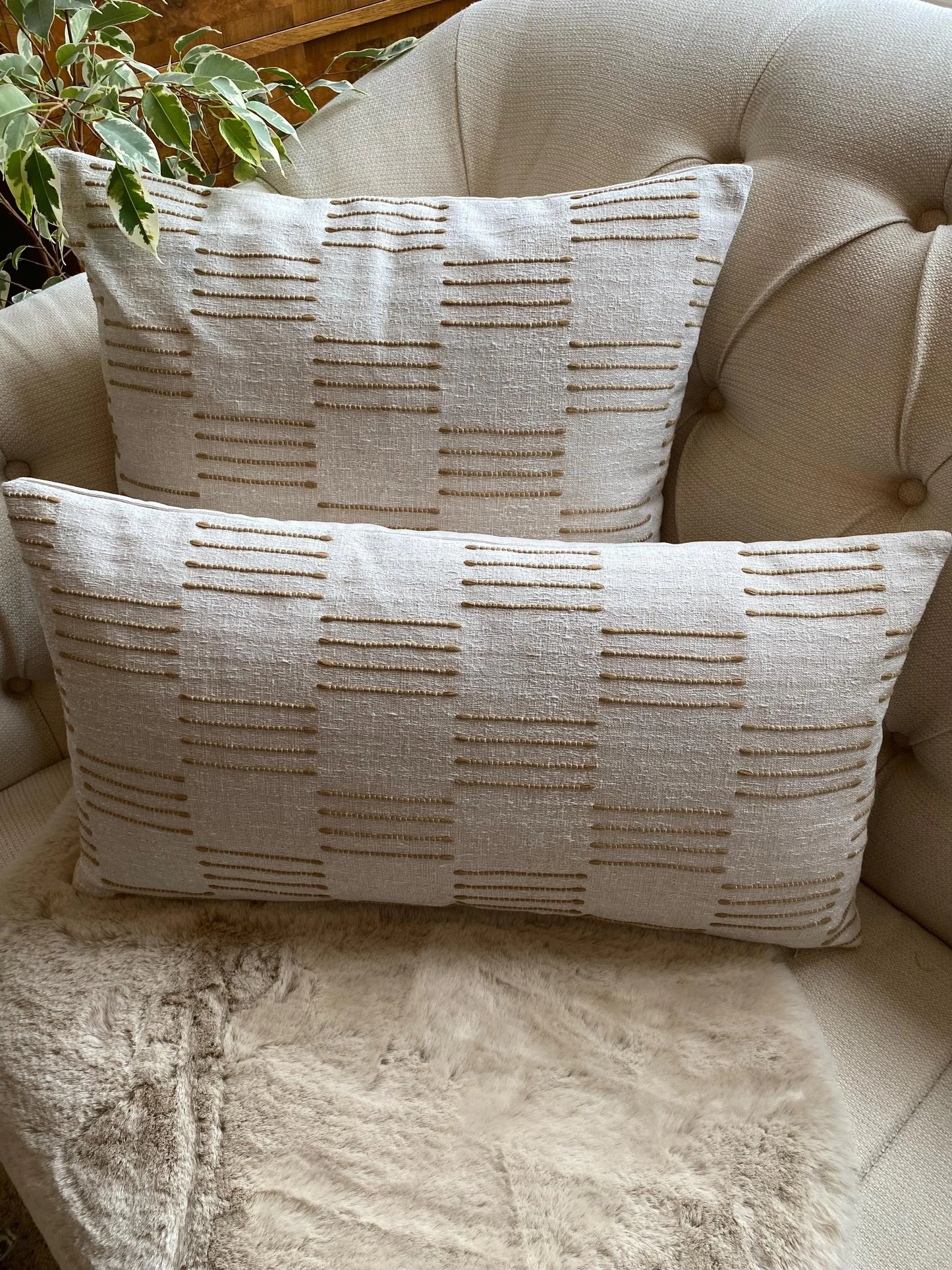 IVY- Handmade cushion cover with textured geometric design in fawn, laurel or ochre with cream background.