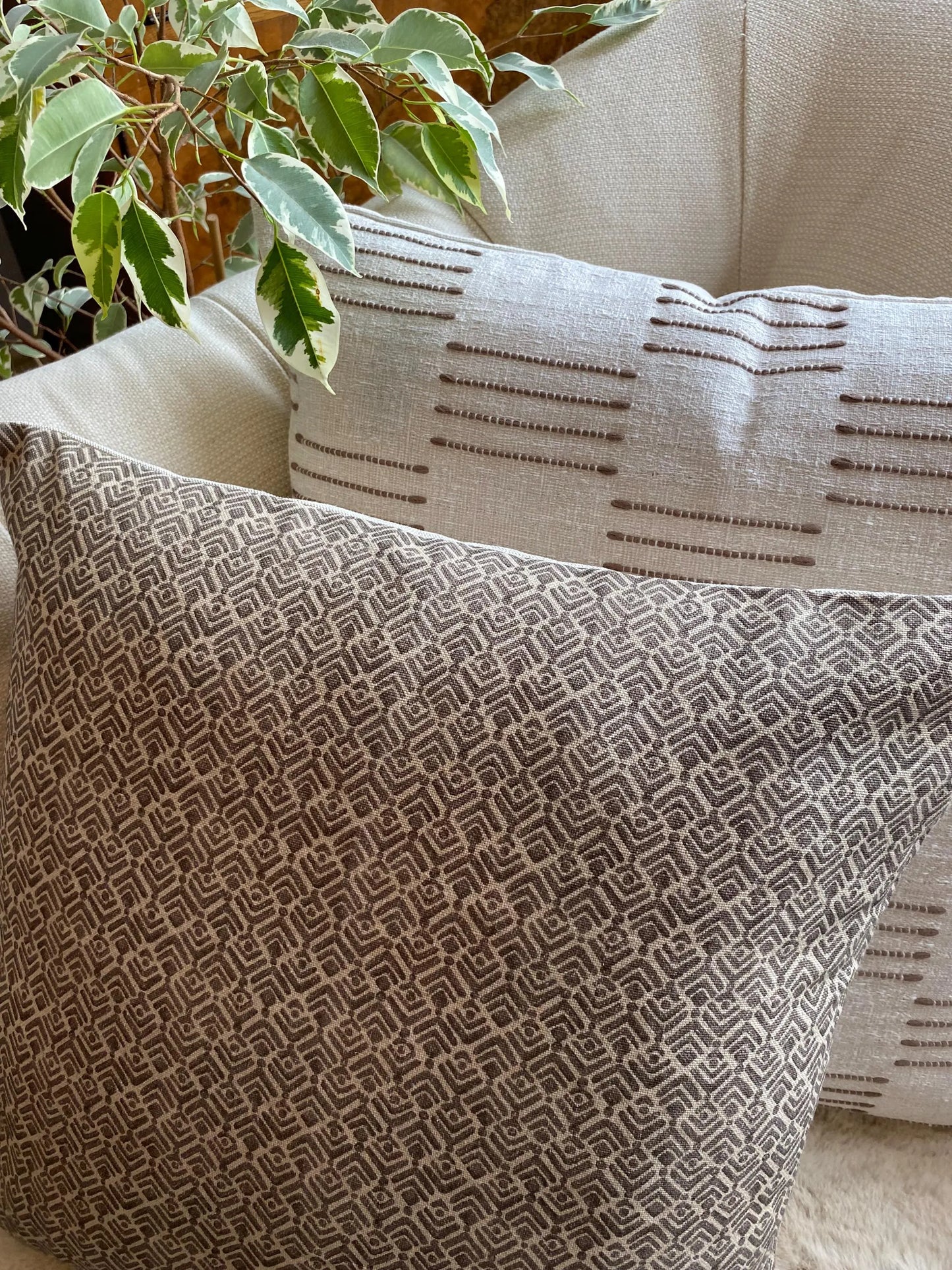 IVY- Handmade cushion cover with textured geometric design in fawn, laurel or ochre with cream background.