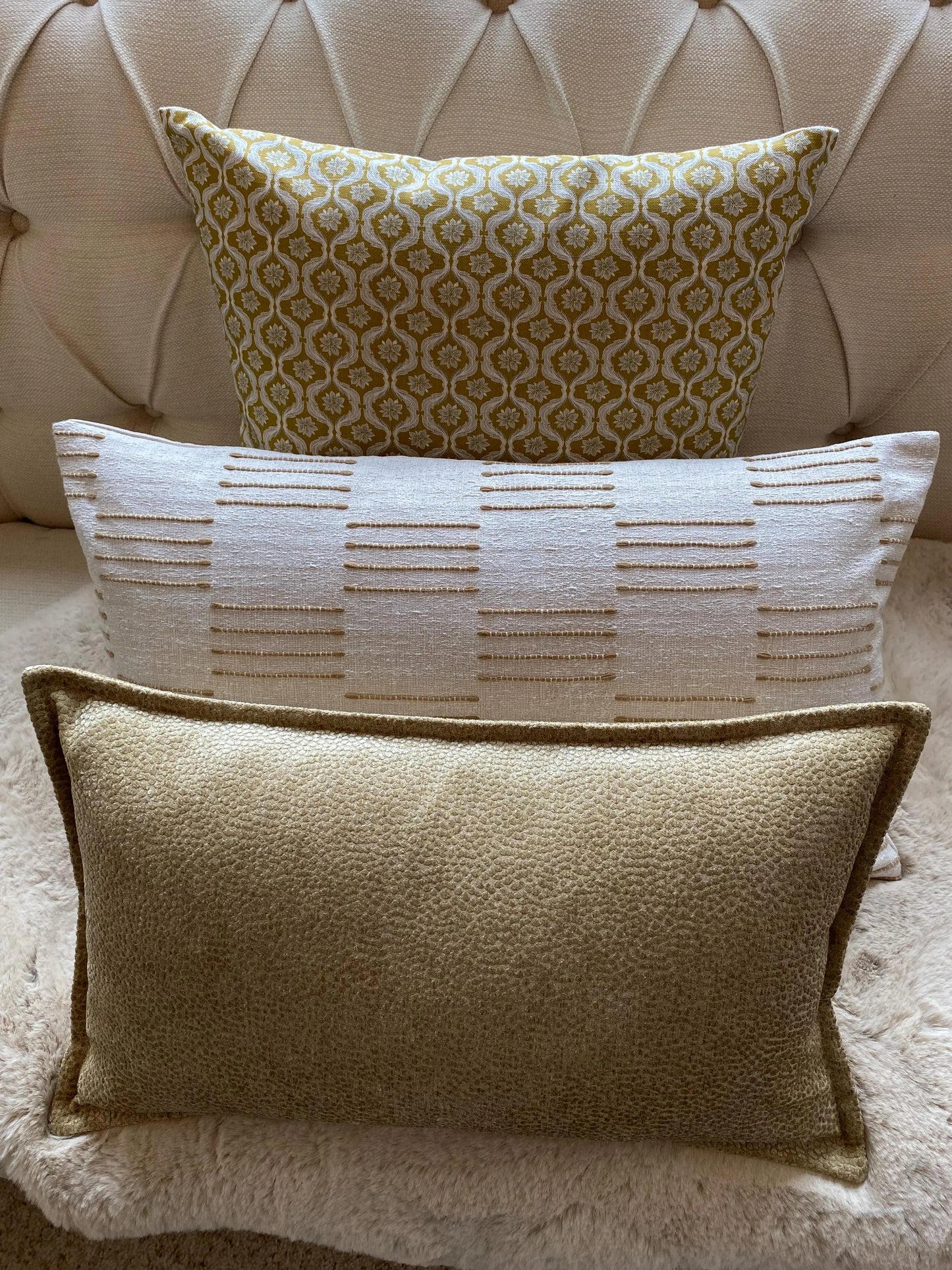 IVY- Handmade cushion cover with textured geometric design in fawn, laurel or ochre with cream background.