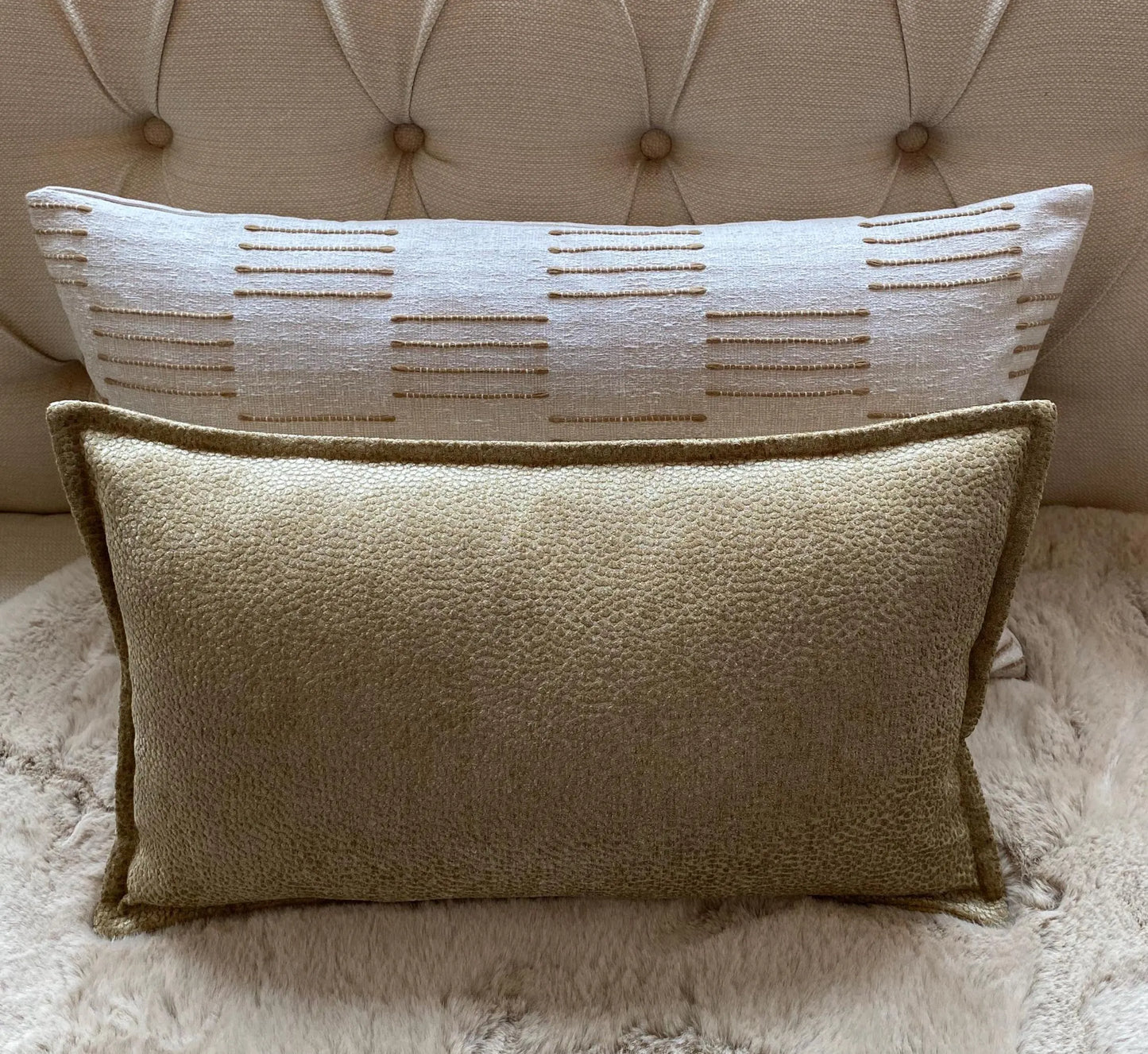 IVY- Handmade cushion cover with textured geometric design in fawn, laurel or ochre with cream background.