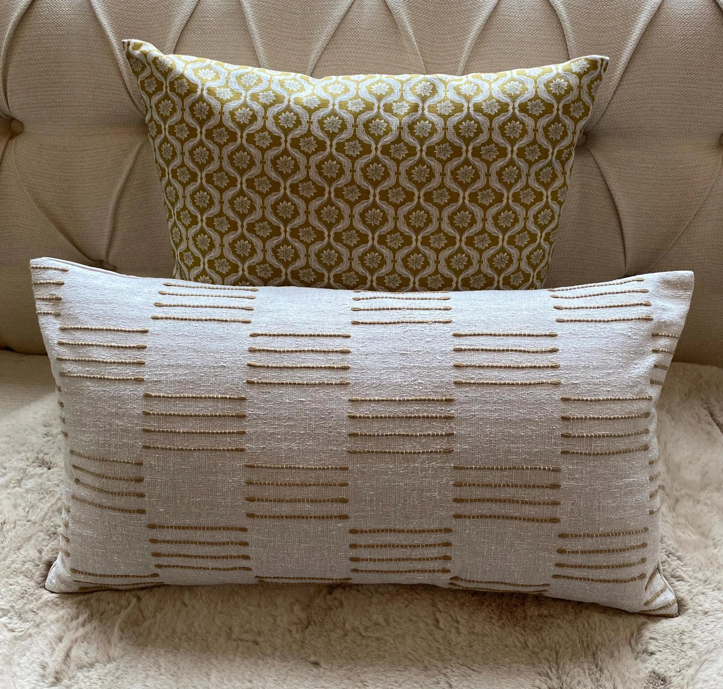 IVY- Handmade cushion cover with textured geometric design in fawn, laurel or ochre with cream background.