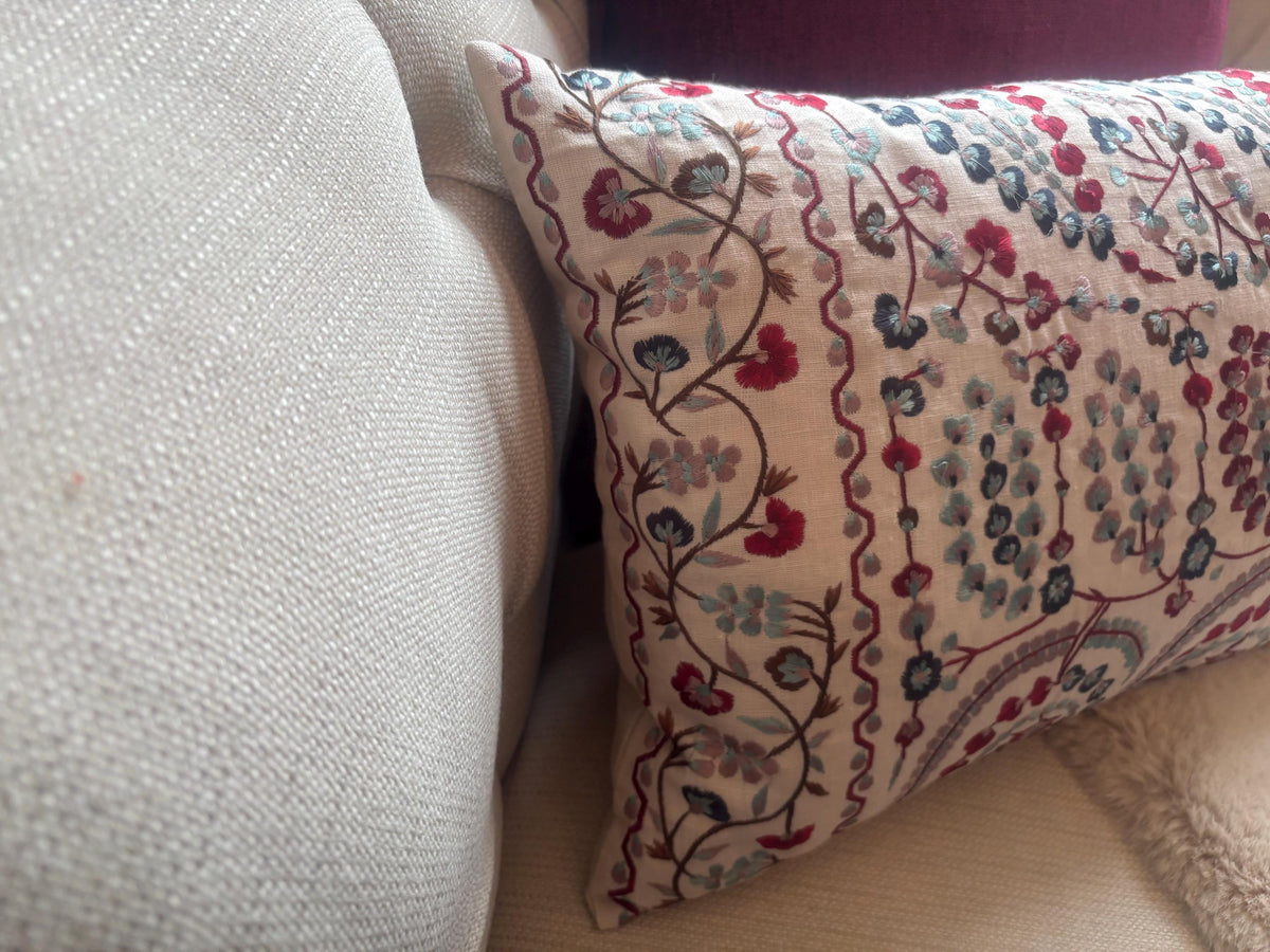 Sanderson Jayshree Zoffany Red & Blue Embroidered Lumbar Cushion Covers – Pair, 35 × 60cm