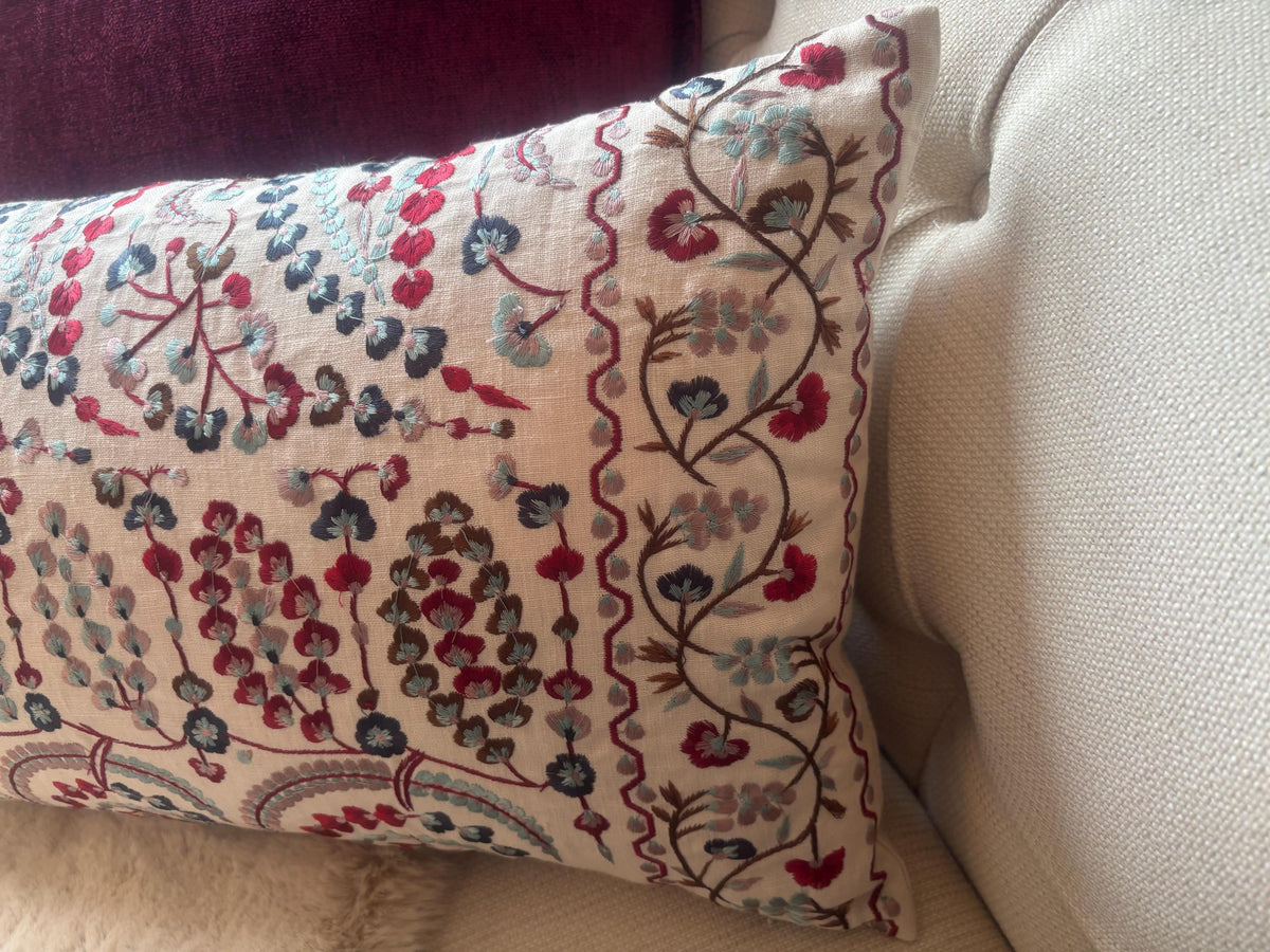 Sanderson Jayshree Zoffany Red & Blue Embroidered Lumbar Cushion Covers – Pair, 35 × 60cm