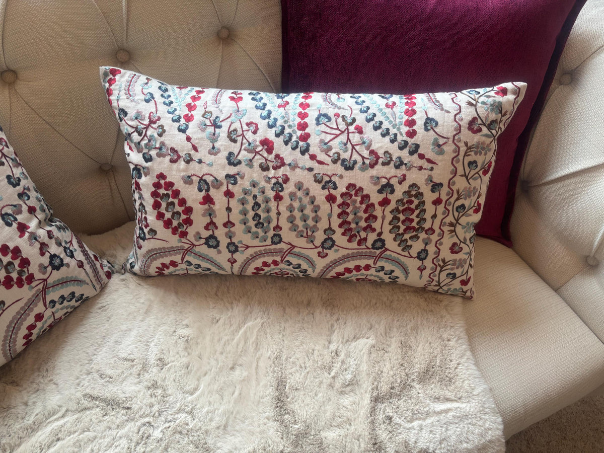 Sanderson Jayshree Zoffany Red & Blue Embroidered Lumbar Cushion Covers – Pair, 35 × 60cm